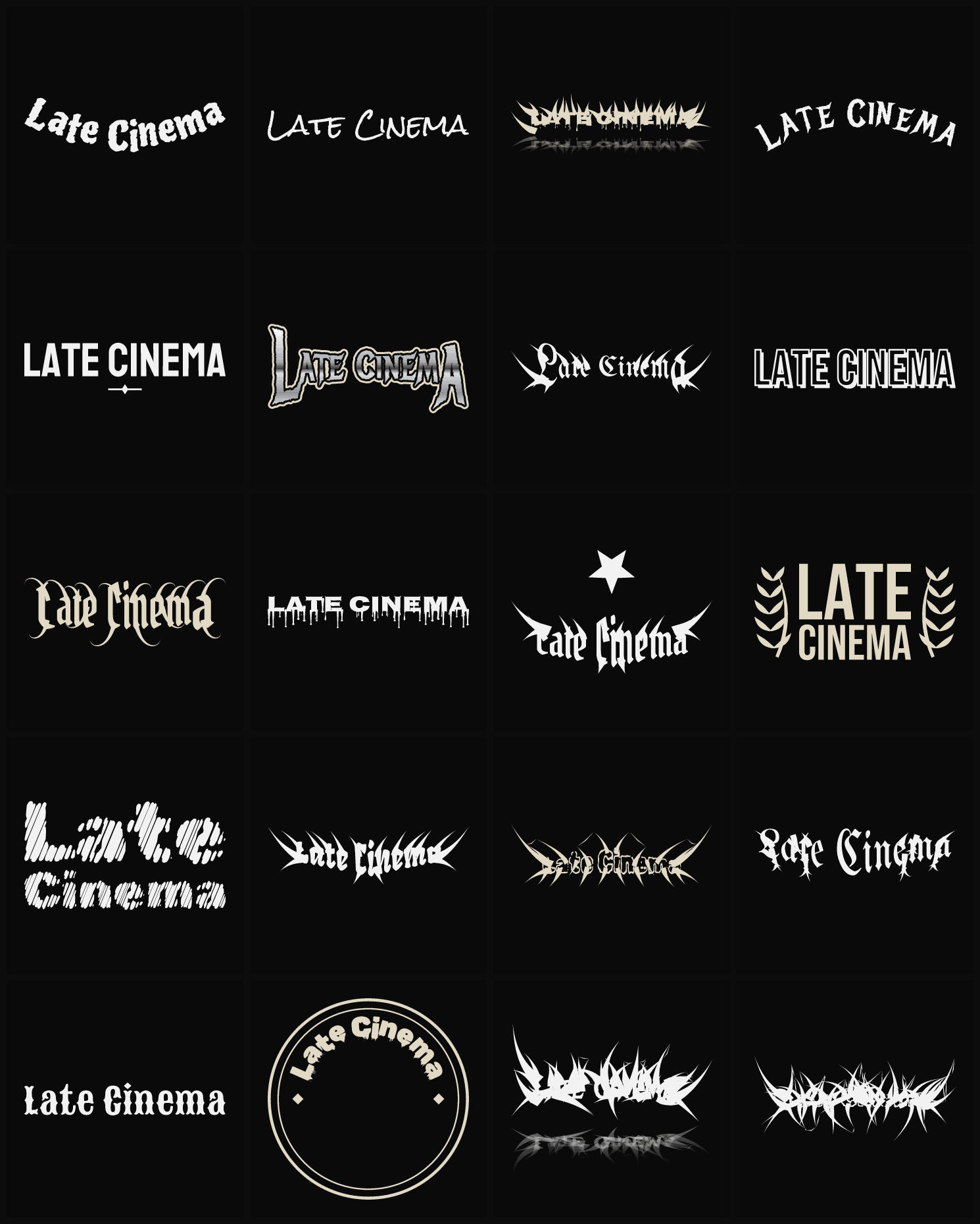 Twenty Late Cinema band logo ideas — different faces, treatments and spike settings