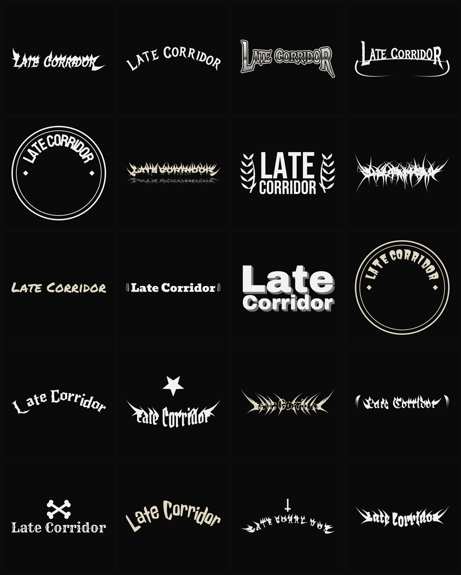 Twenty Late Corridor band logo ideas — different faces, treatments and spike settings