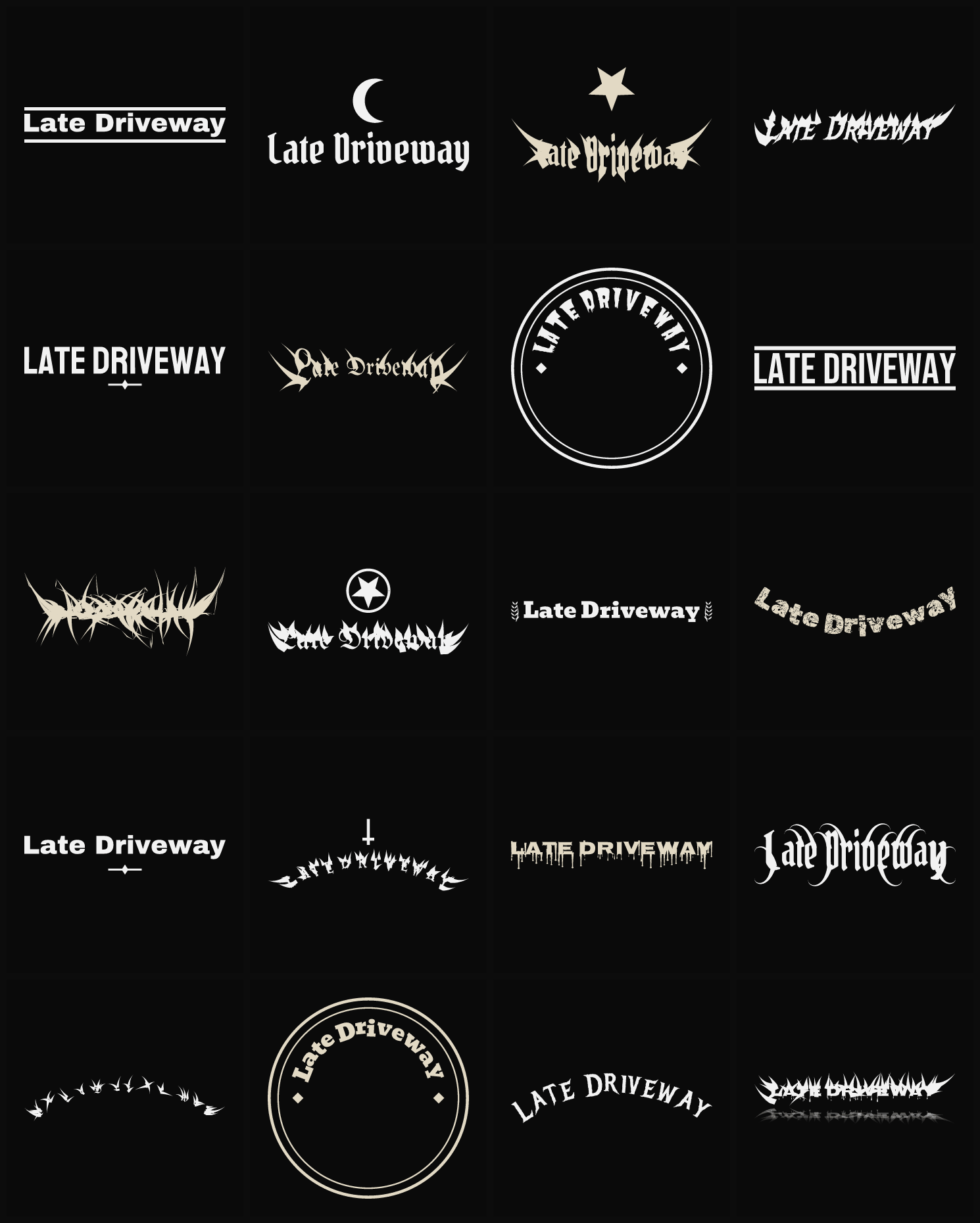 Twenty Late Driveway band logo ideas — different faces, treatments and spike settings