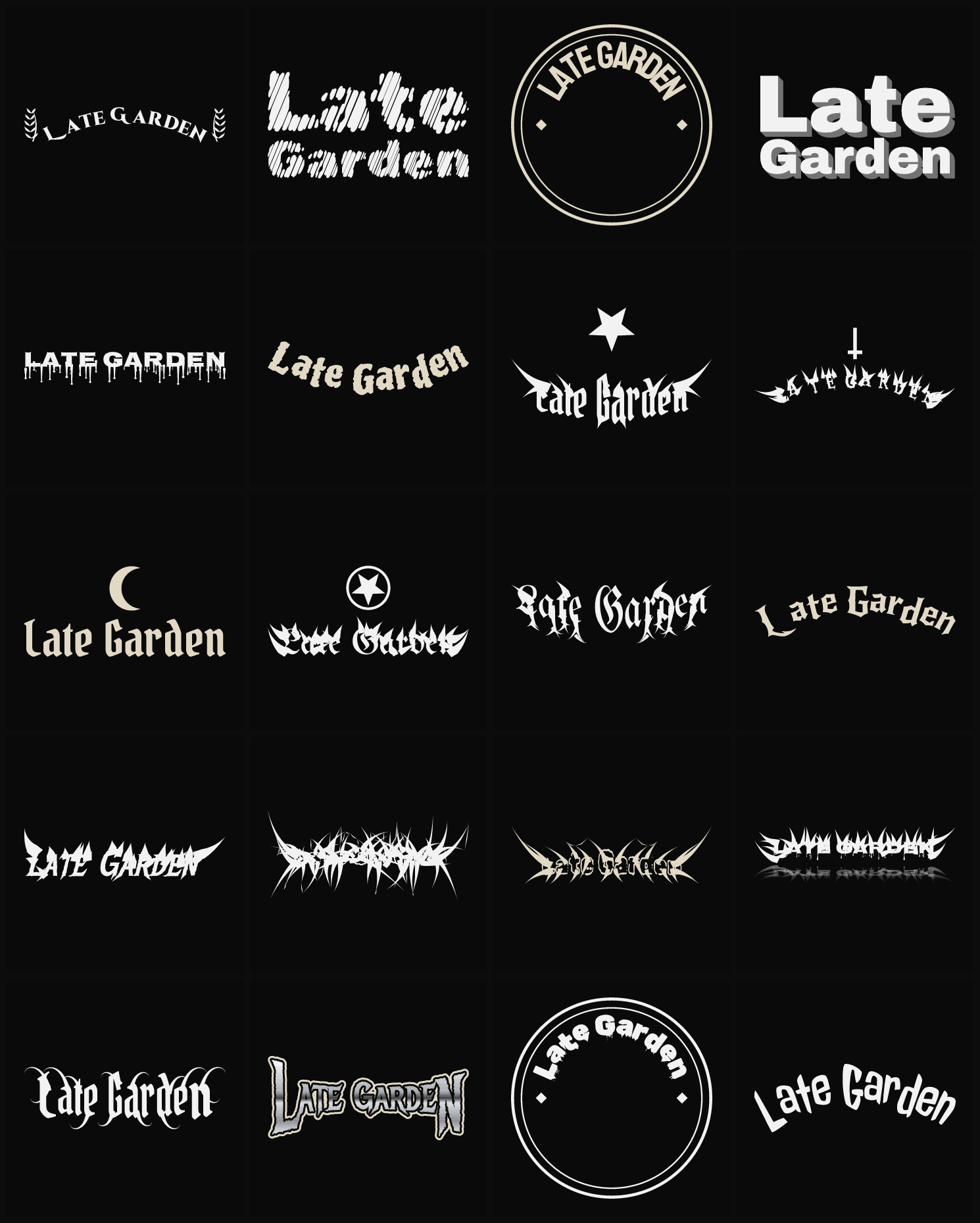 Twenty Late Garden band logo ideas — different faces, treatments and spike settings
