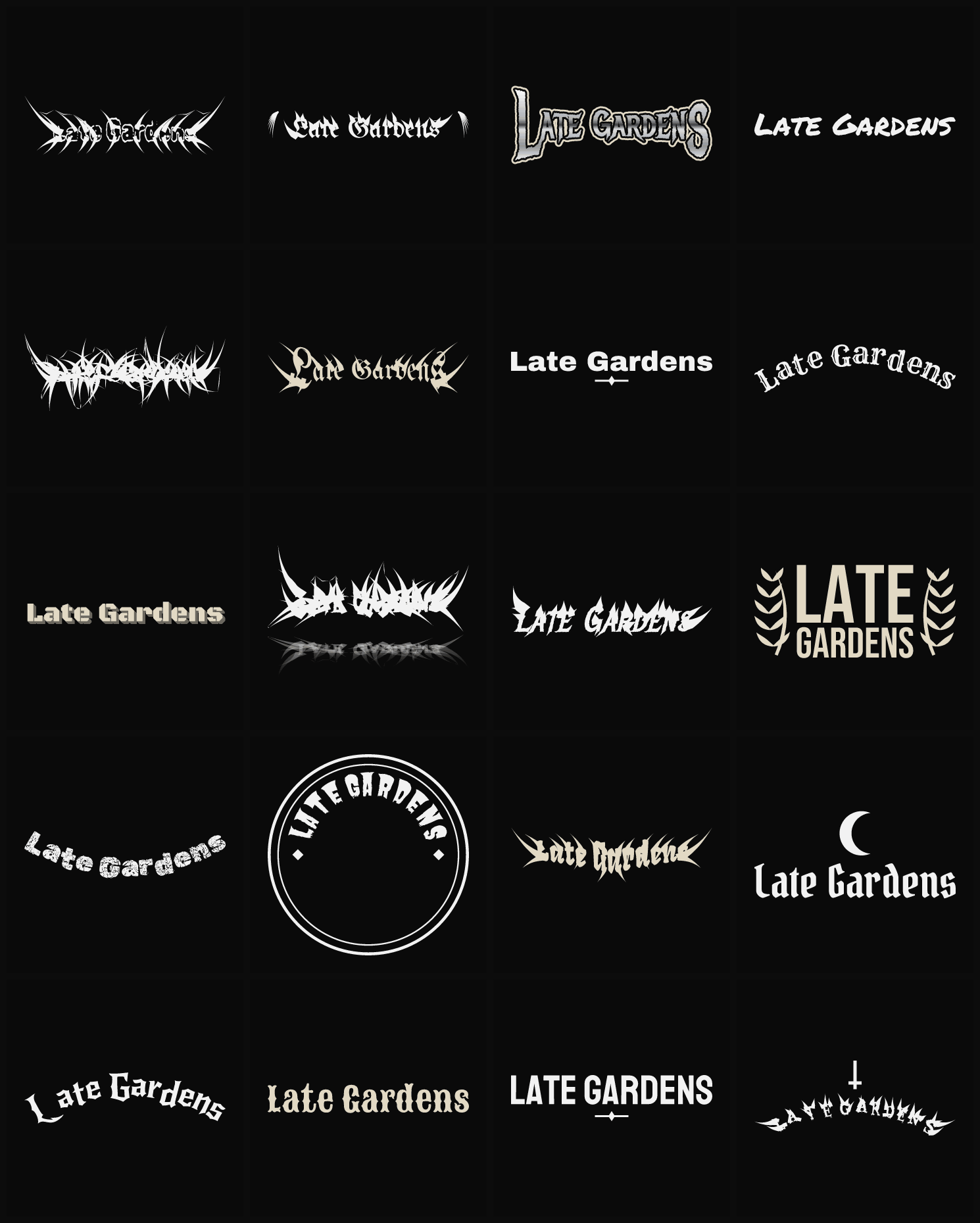 Twenty Late Gardens band logo ideas — different faces, treatments and spike settings
