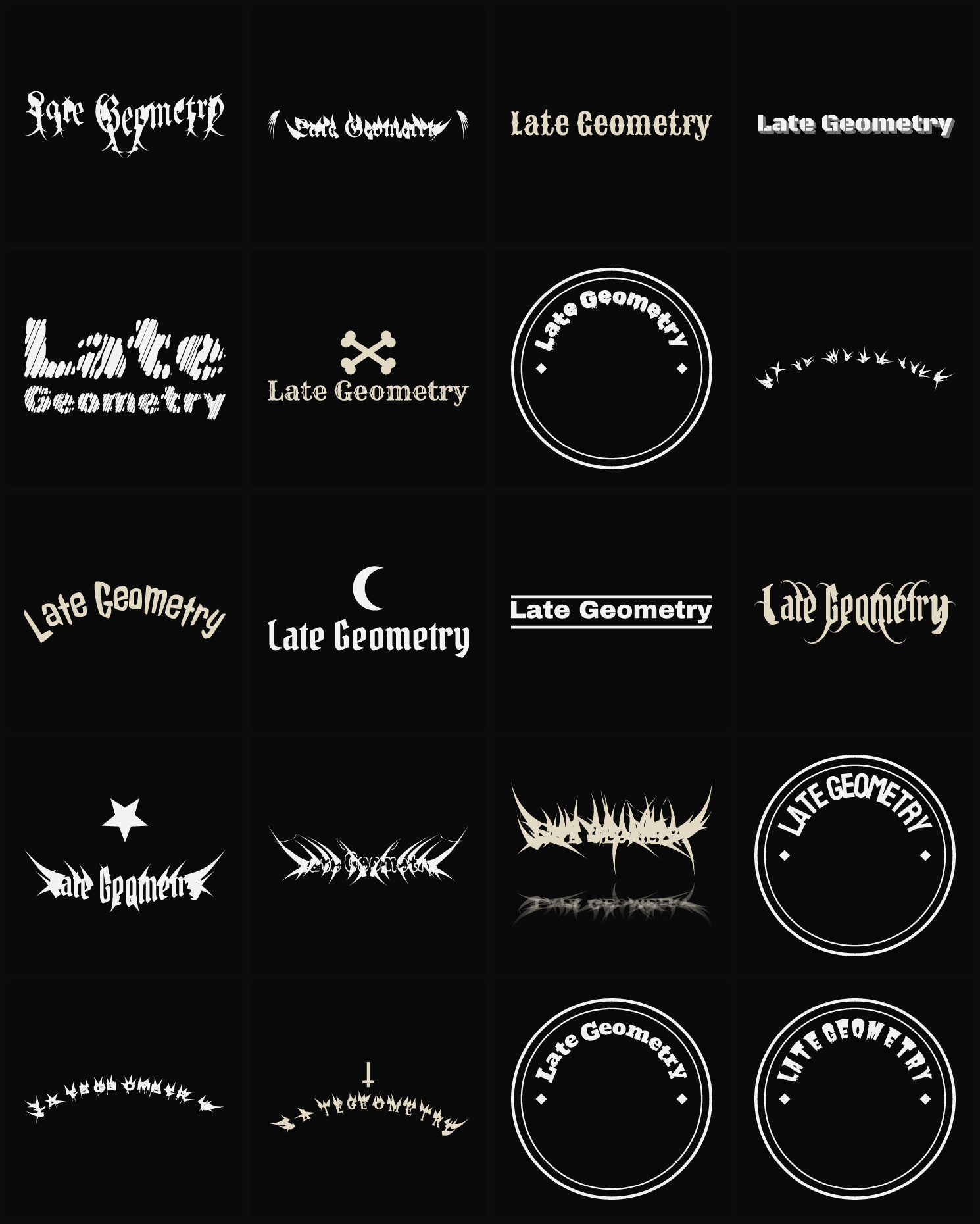 Twenty Late Geometry band logo ideas — different faces, treatments and spike settings