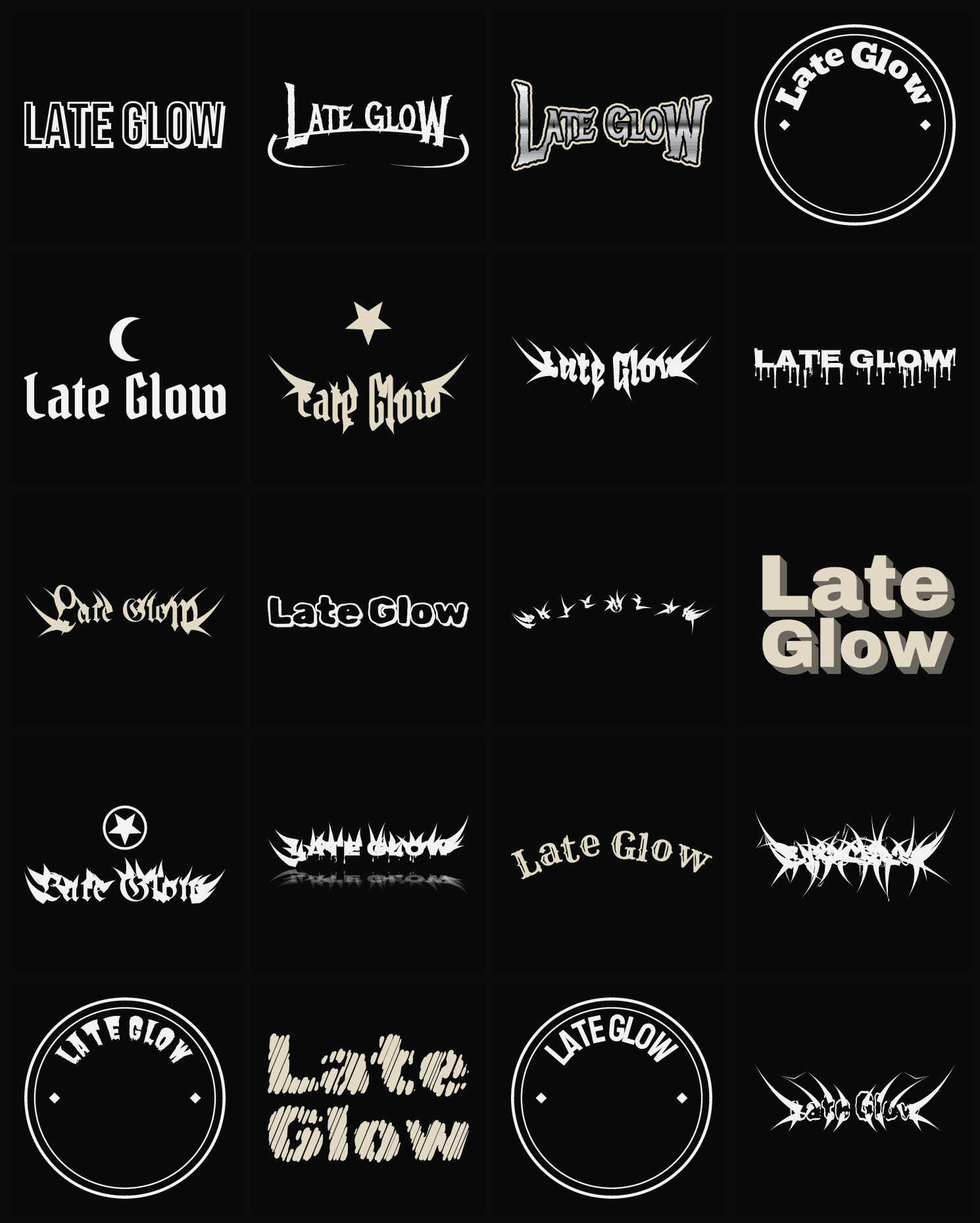 Twenty Late Glow band logo ideas — different faces, treatments and spike settings