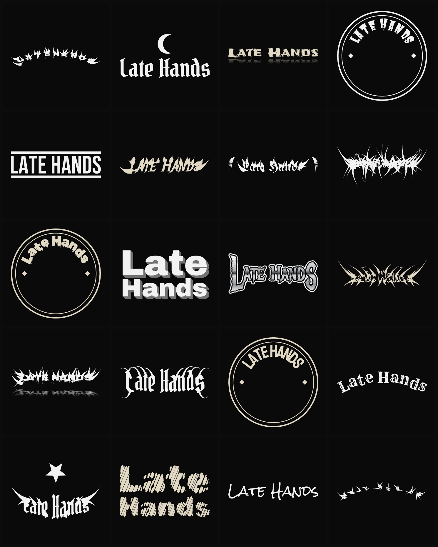 Twenty Late Hands band logo ideas — different faces, treatments and spike settings