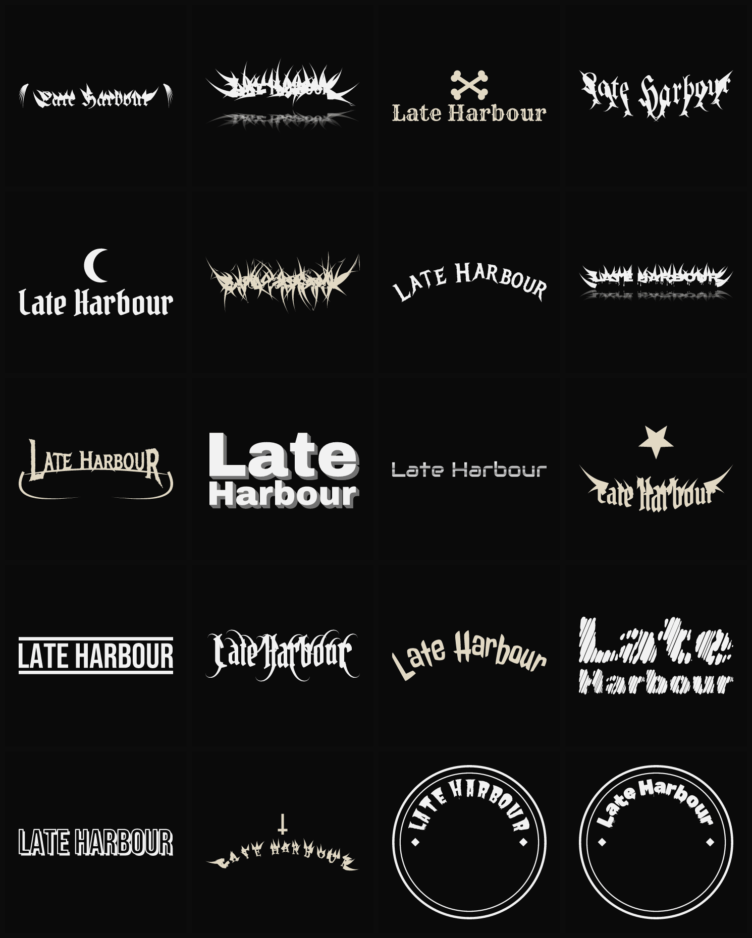 Twenty Late Harbour band logo ideas — different faces, treatments and spike settings
