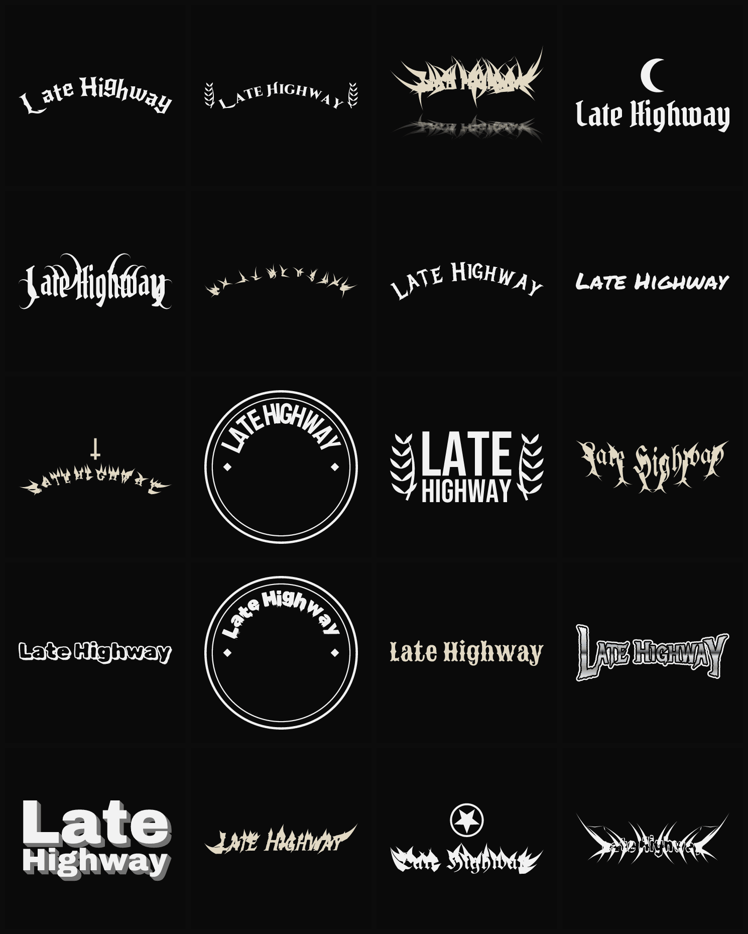 Twenty Late Highway band logo ideas — different faces, treatments and spike settings