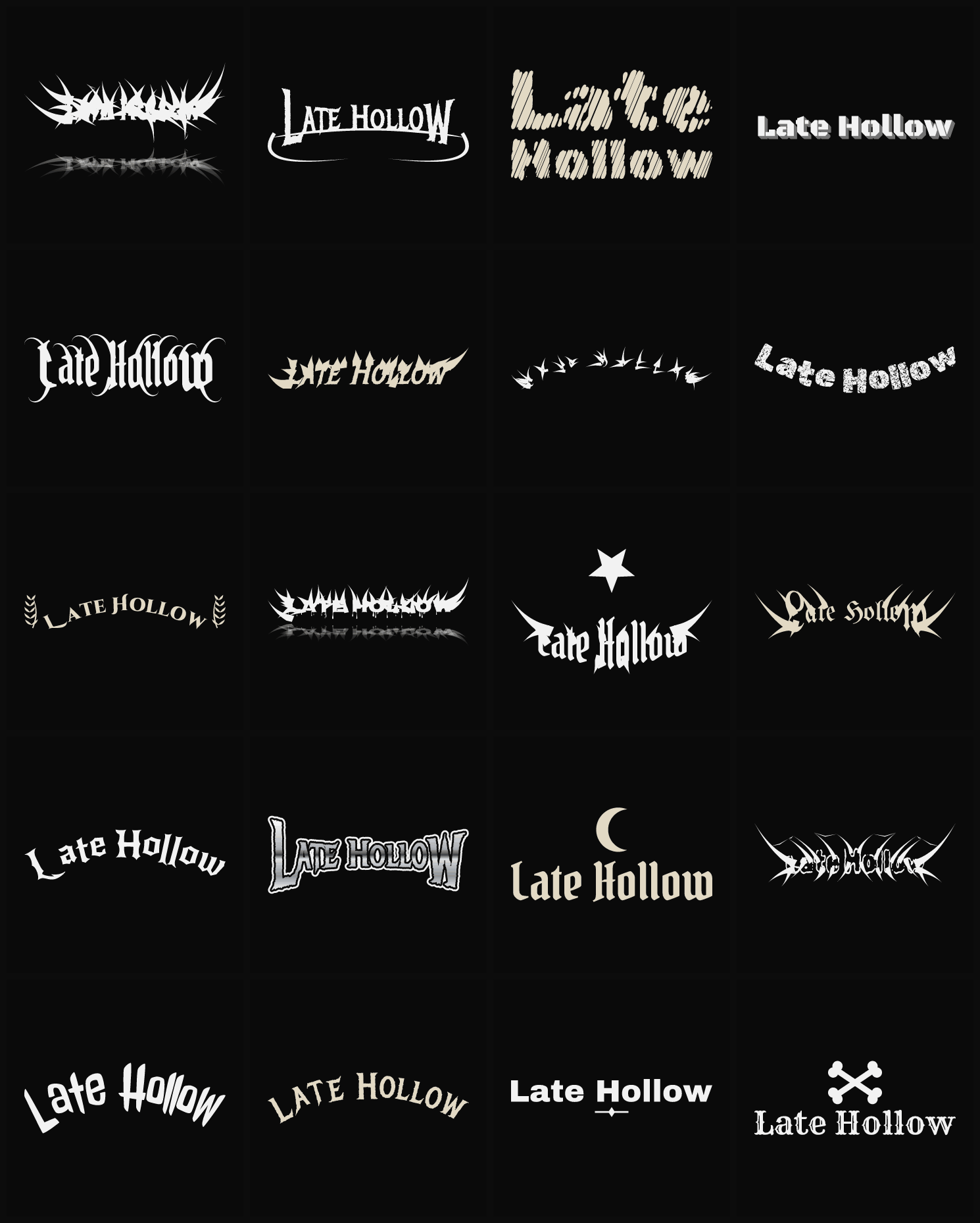 Twenty Late Hollow band logo ideas — different faces, treatments and spike settings