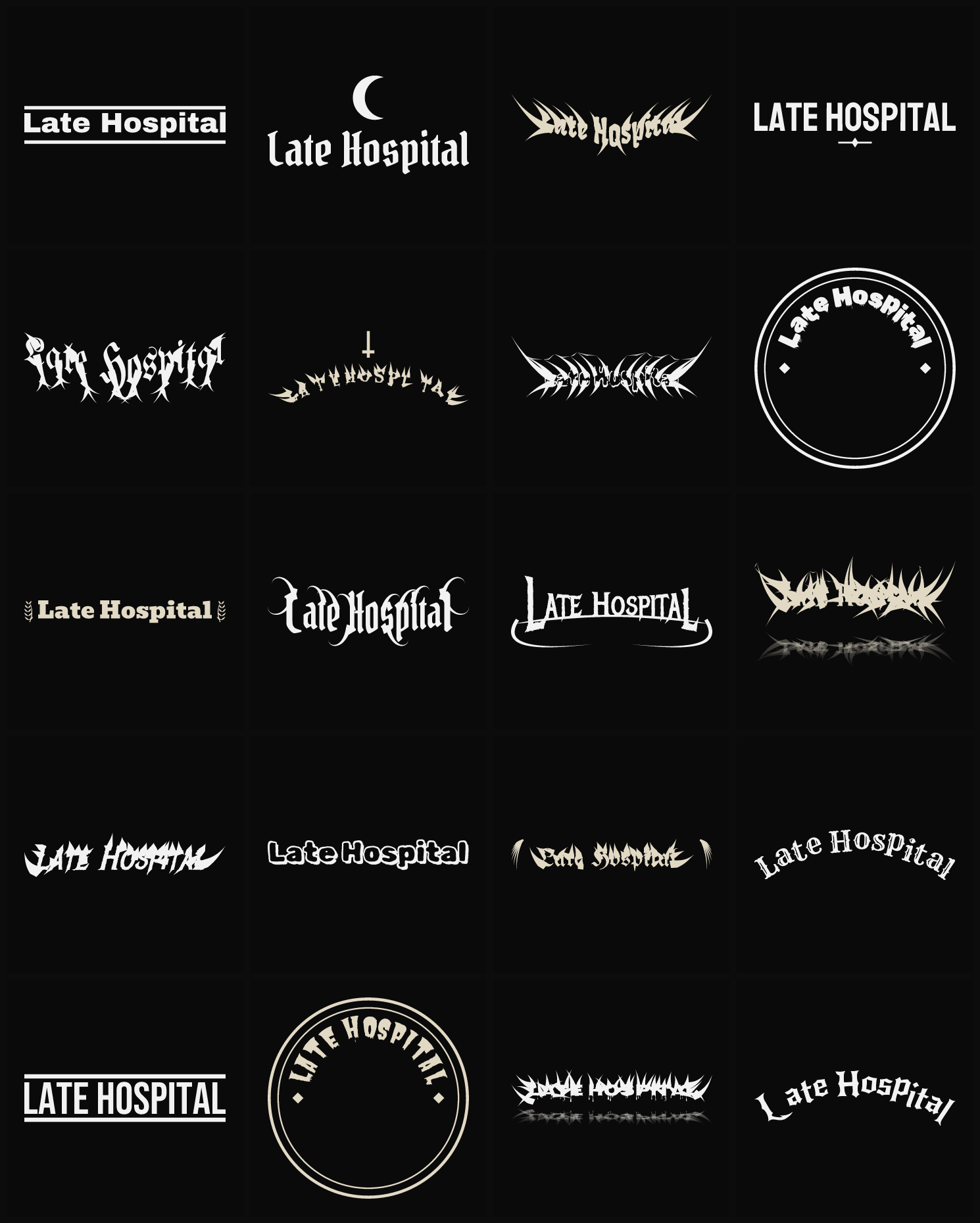 Twenty Late Hospital band logo ideas — different faces, treatments and spike settings