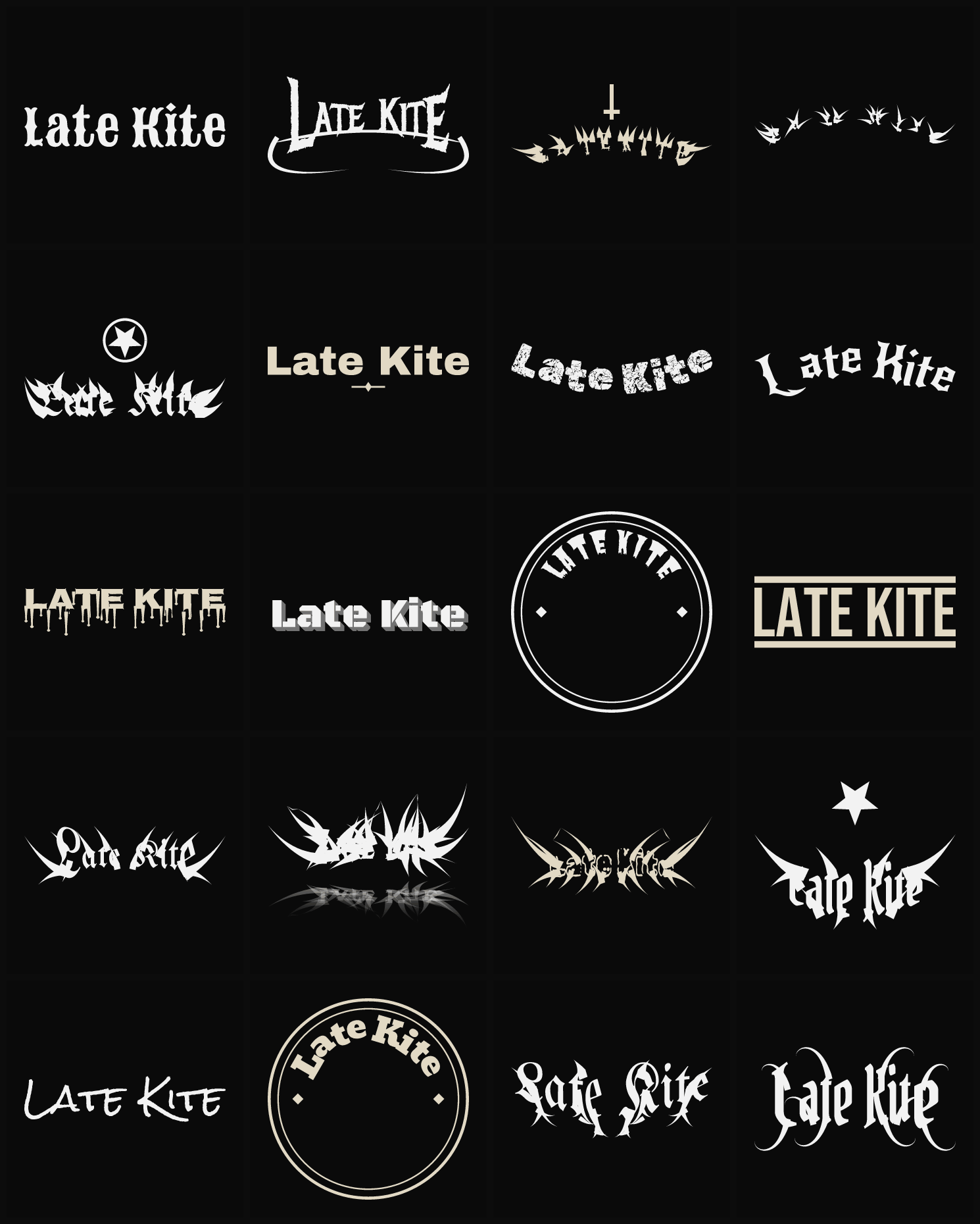 Twenty Late Kite band logo ideas — different faces, treatments and spike settings
