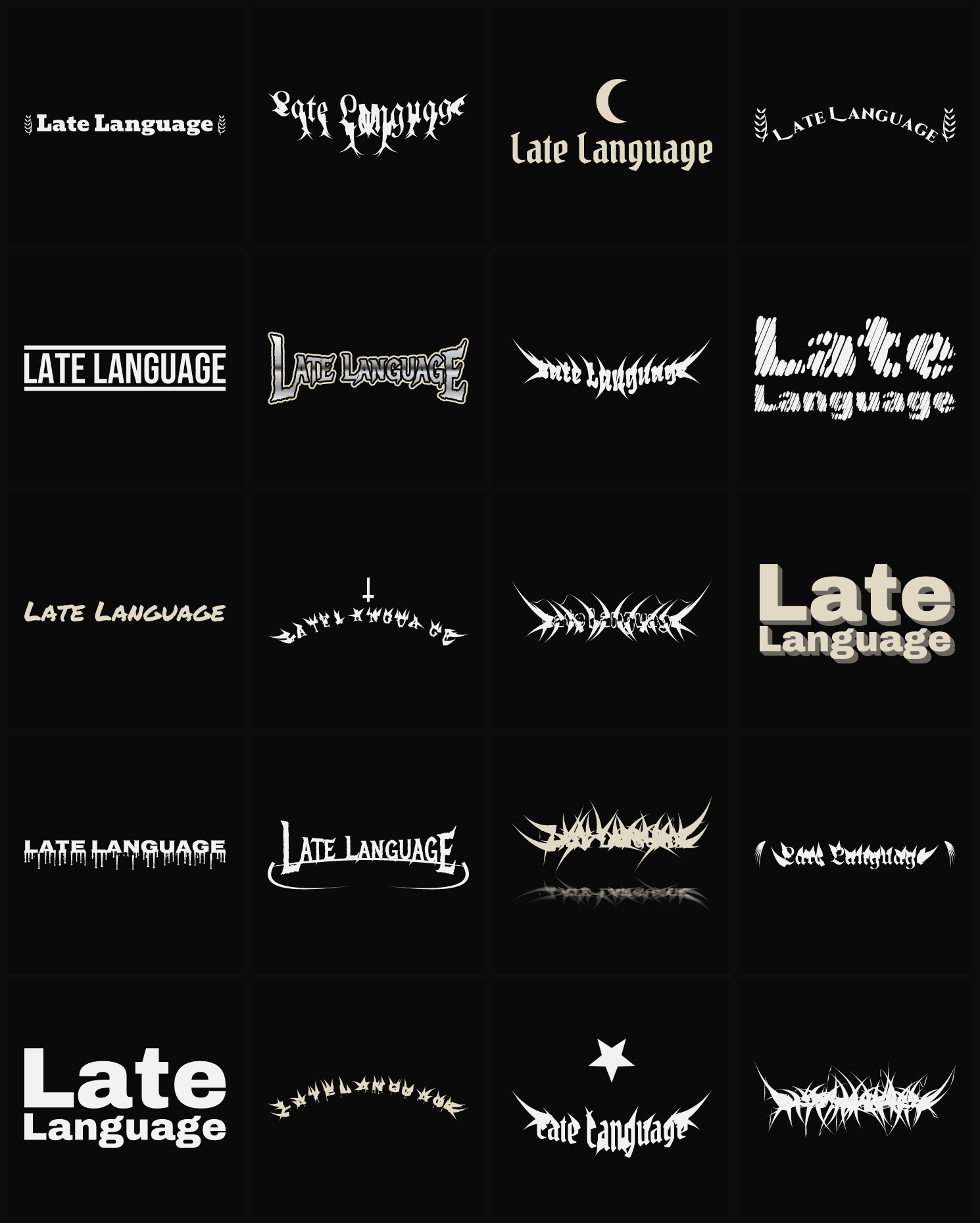 Twenty Late Language band logo ideas — different faces, treatments and spike settings
