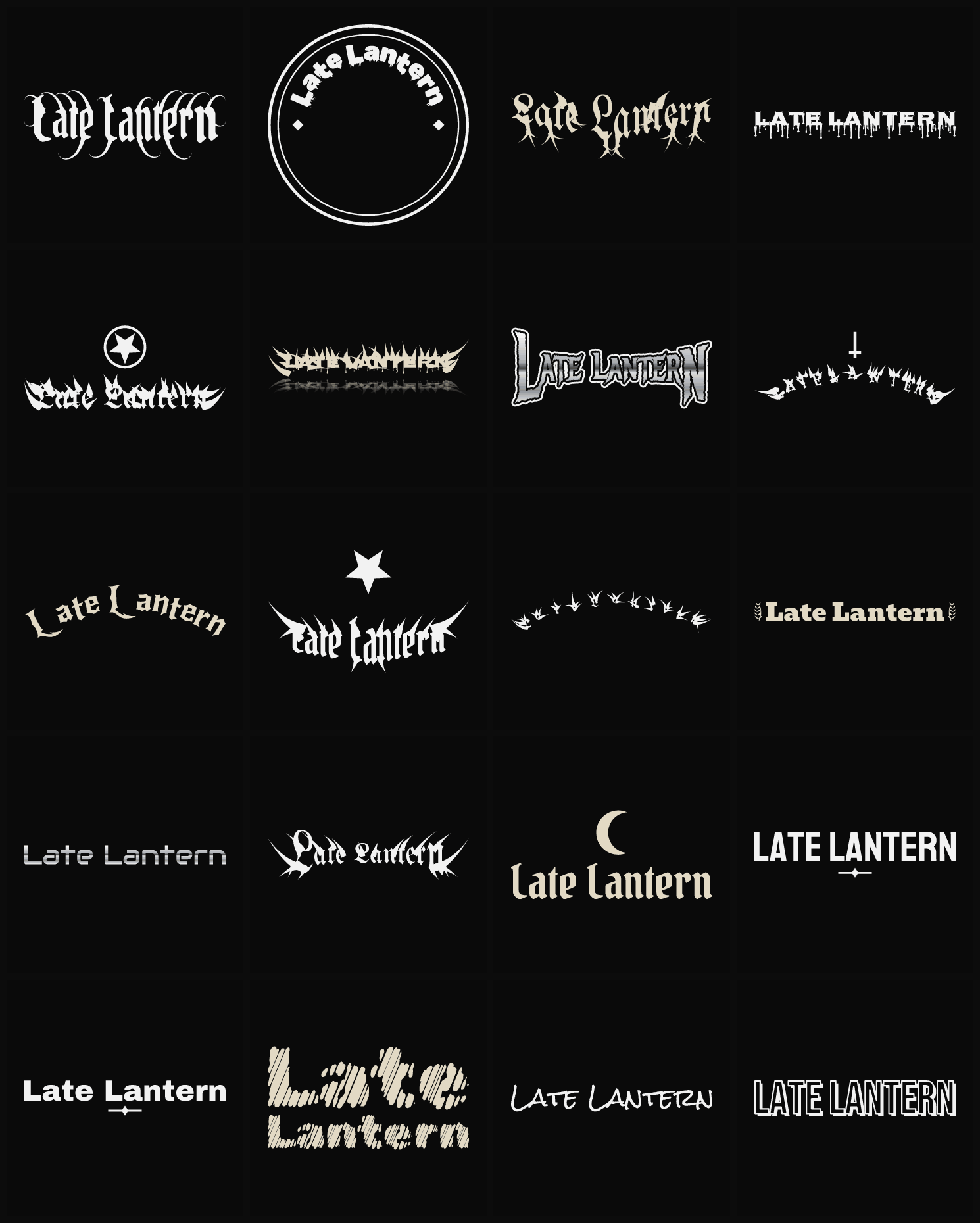 Twenty Late Lantern band logo ideas — different faces, treatments and spike settings