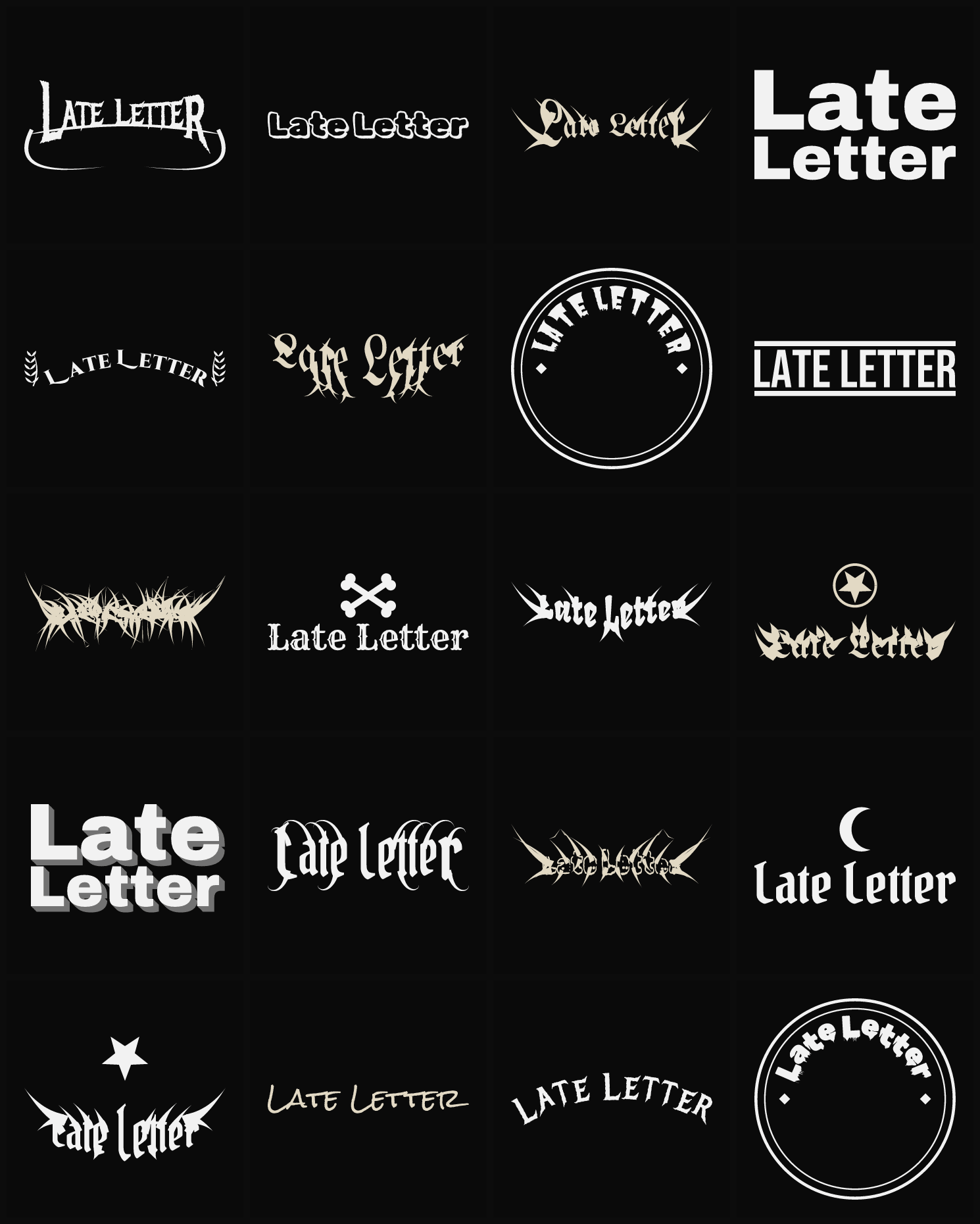 Twenty Late Letter band logo ideas — different faces, treatments and spike settings