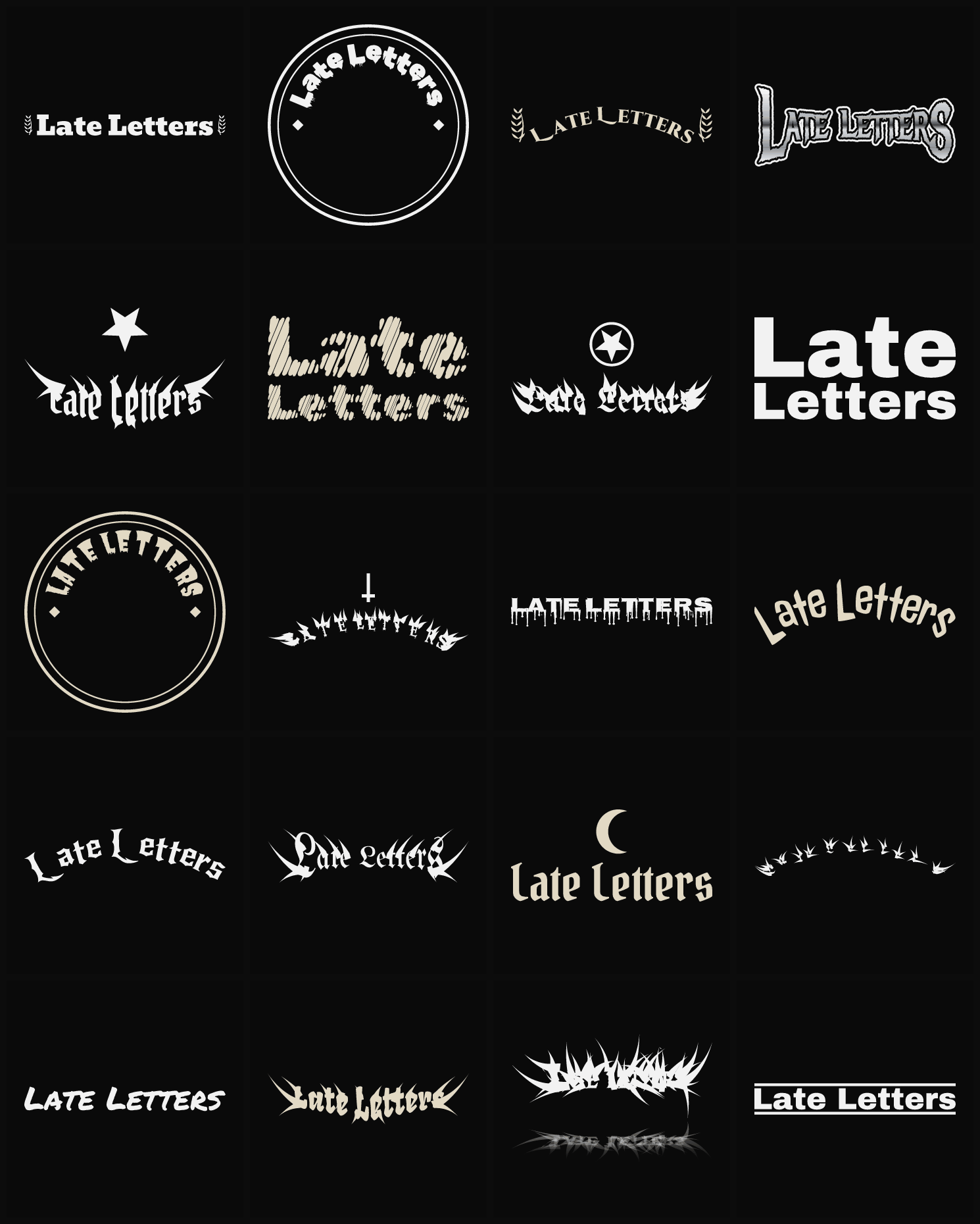 Twenty Late Letters band logo ideas — different faces, treatments and spike settings