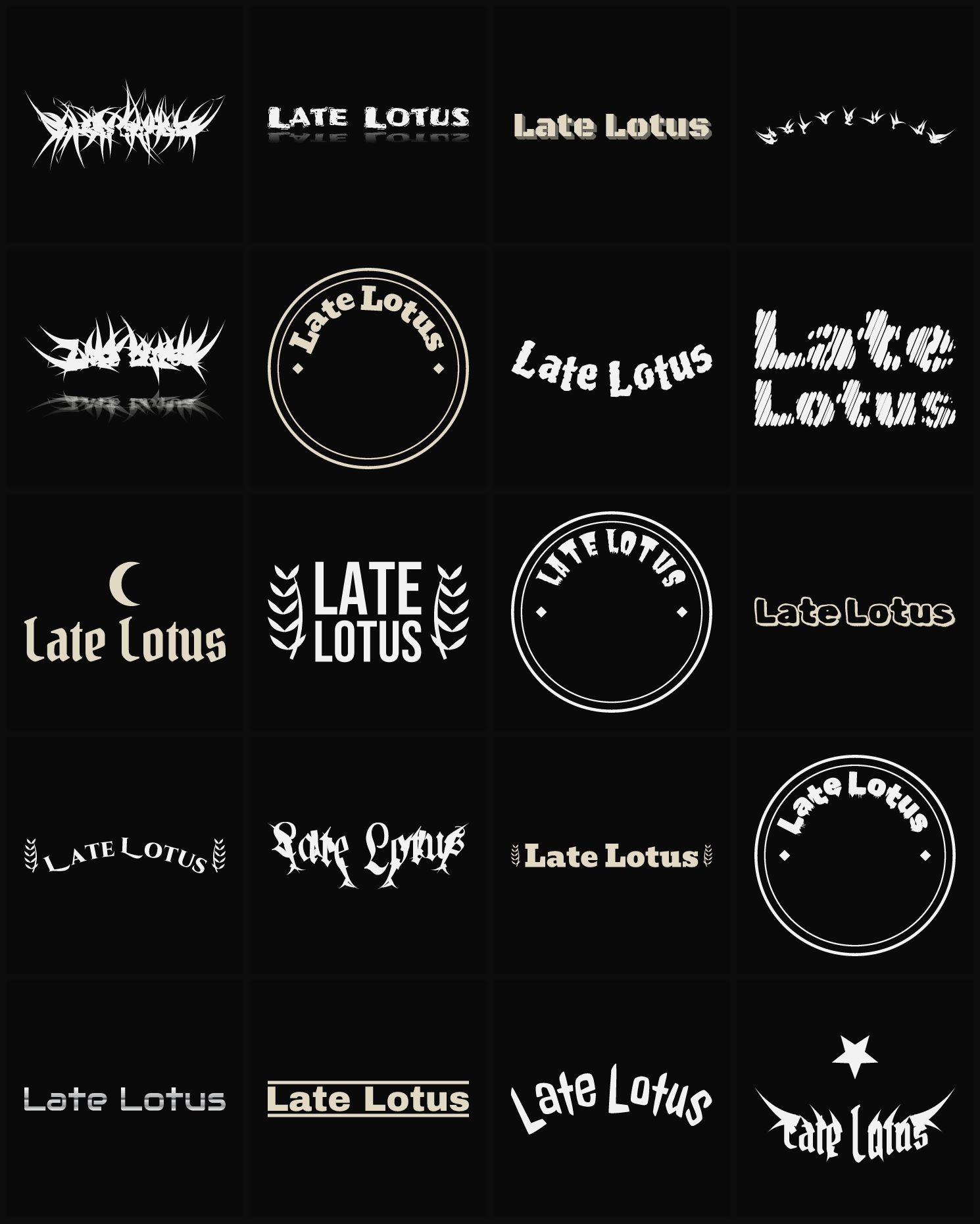 Twenty Late Lotus band logo ideas — different faces, treatments and spike settings