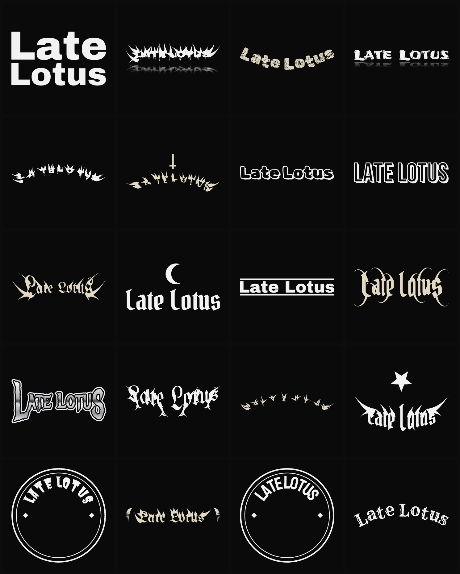 Twenty Late Lotus band logo ideas — different faces, treatments and spike settings