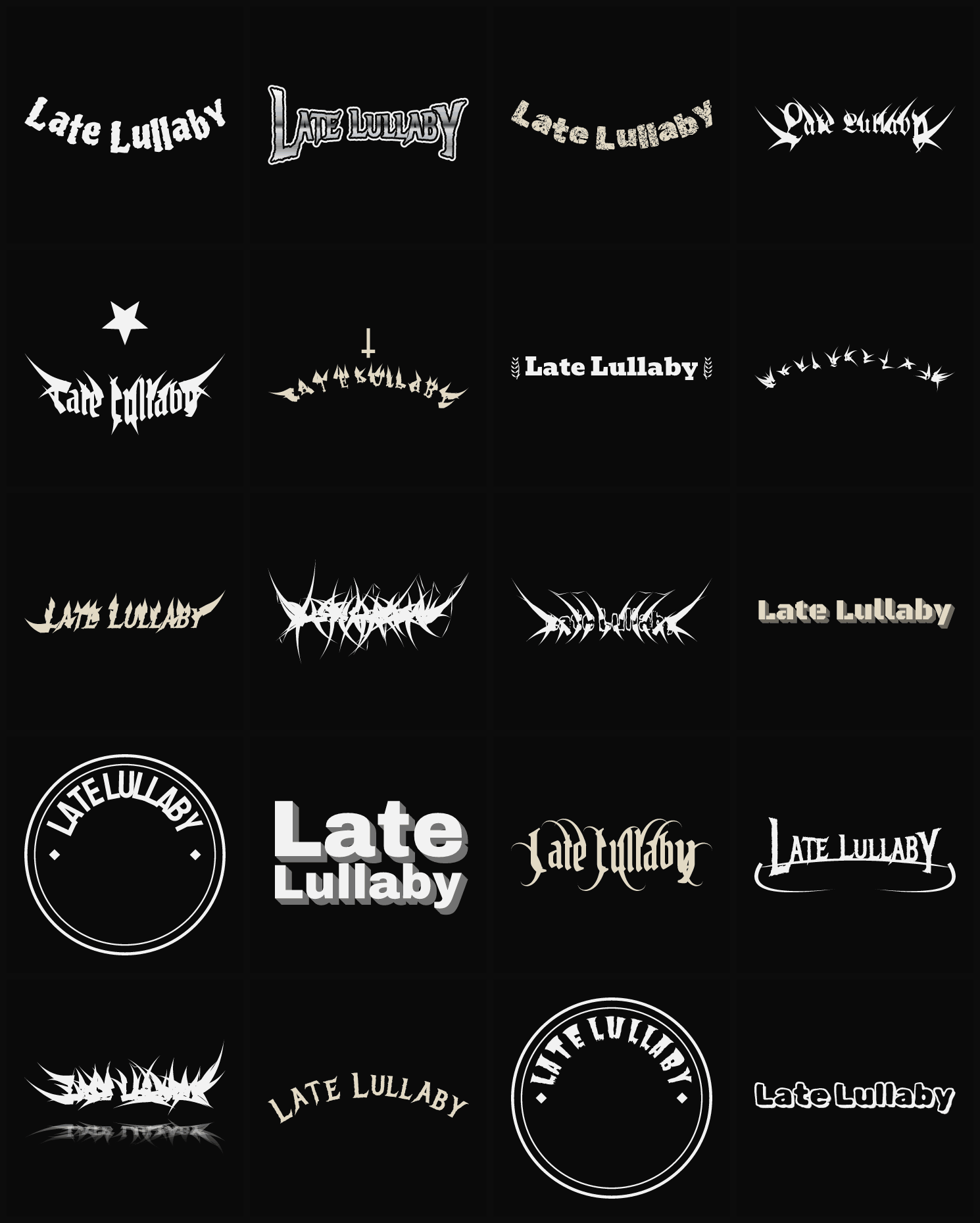 Twenty Late Lullaby band logo ideas — different faces, treatments and spike settings
