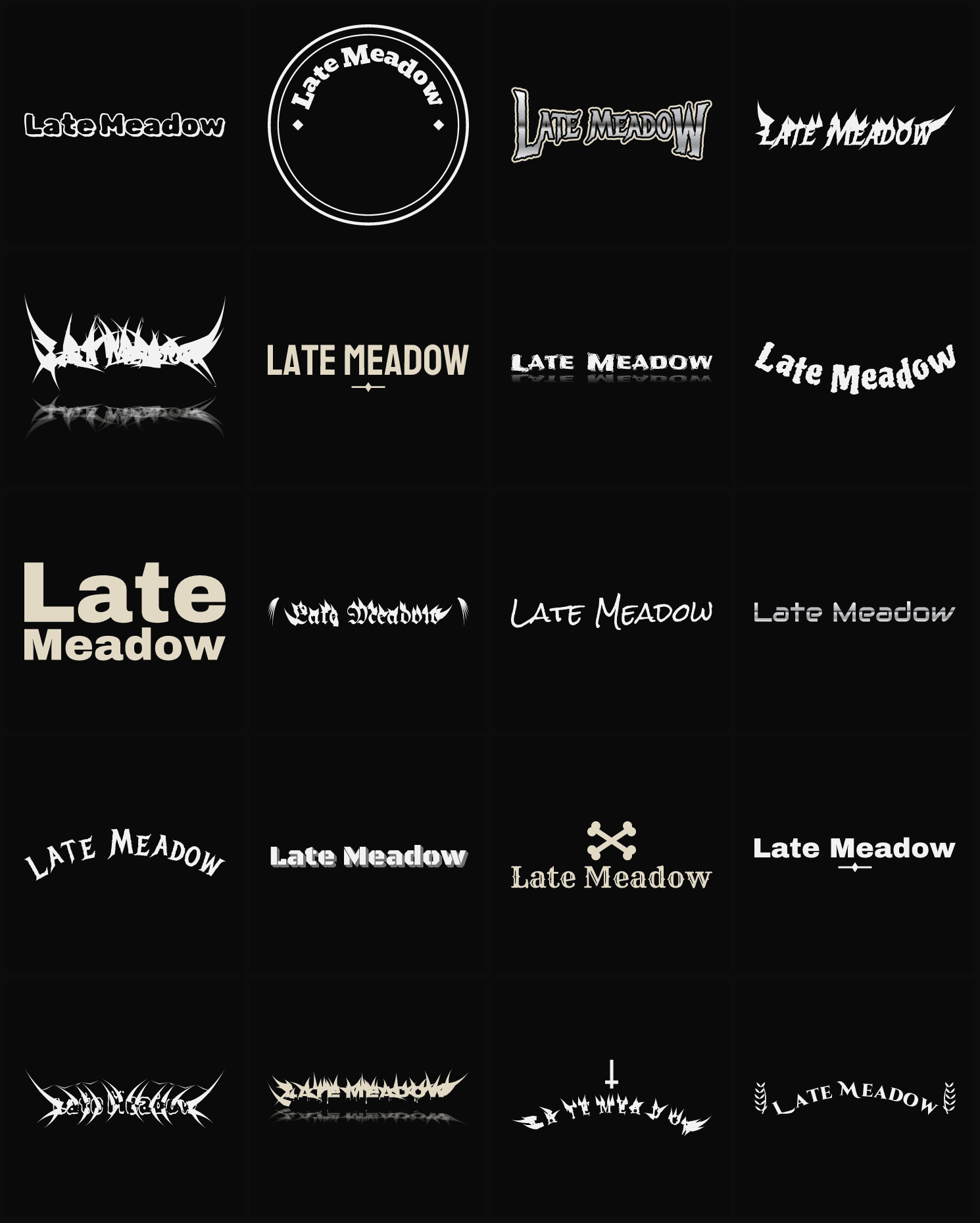 Twenty Late Meadow band logo ideas — different faces, treatments and spike settings