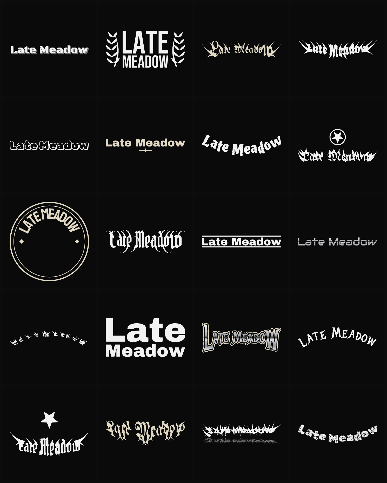 Twenty Late Meadow band logo ideas — different faces, treatments and spike settings