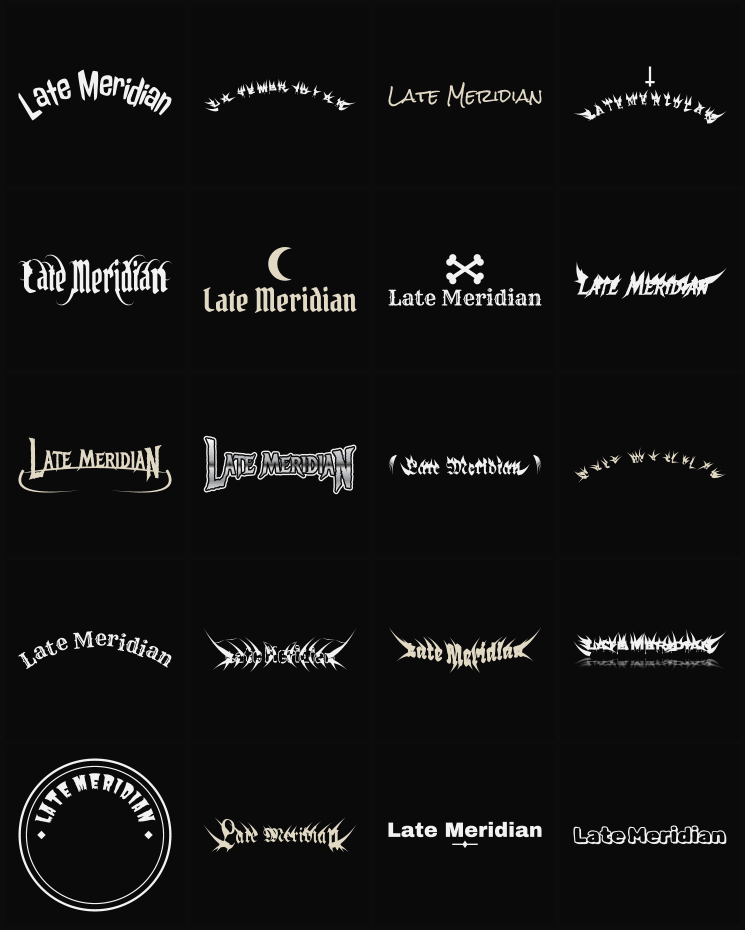 Twenty Late Meridian band logo ideas — different faces, treatments and spike settings