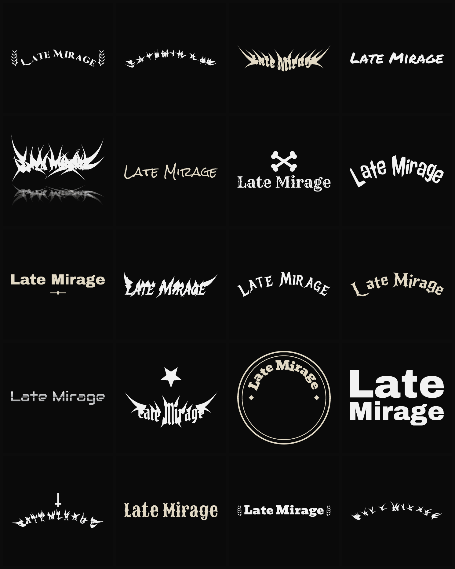 Twenty Late Mirage band logo ideas — different faces, treatments and spike settings
