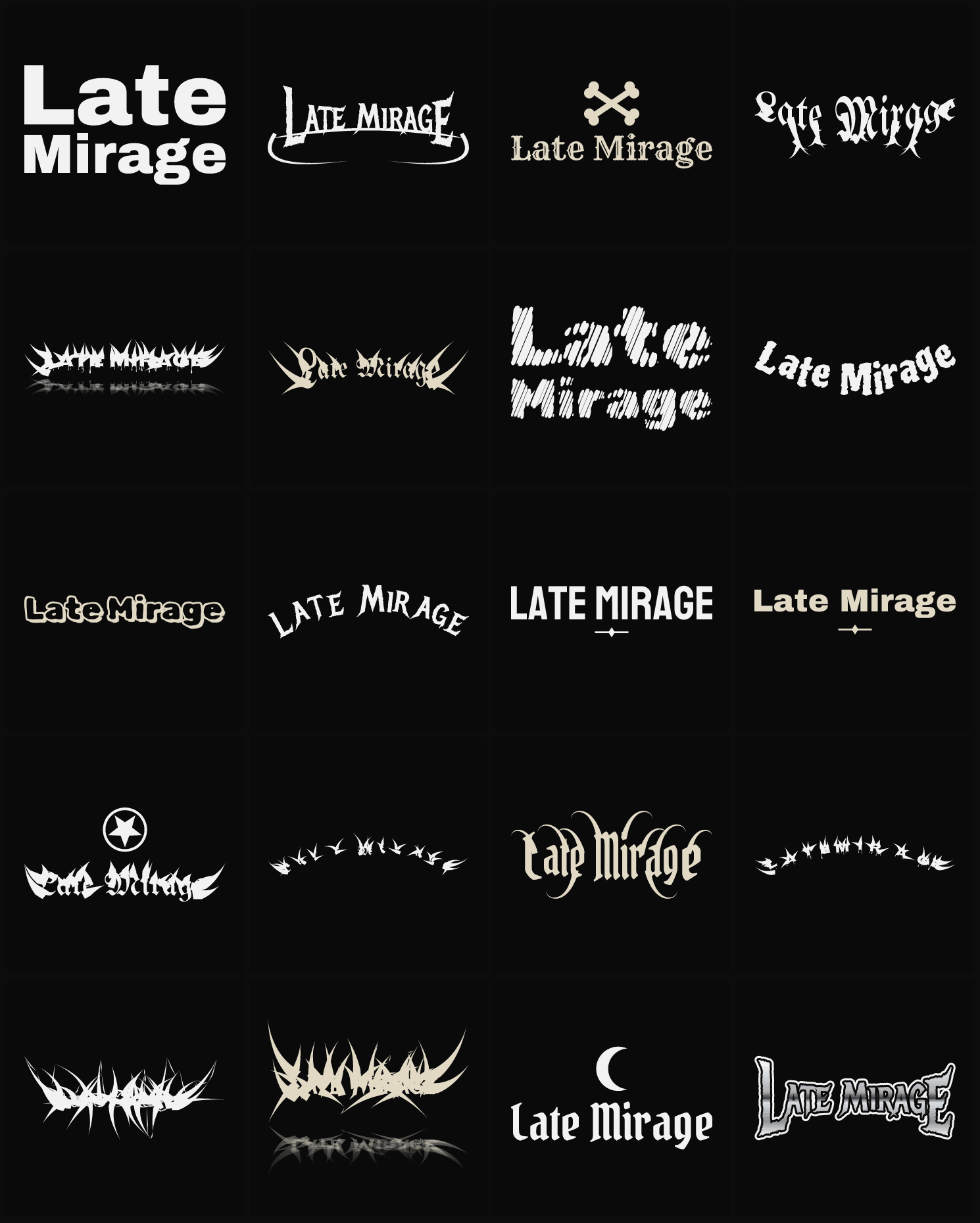Twenty Late Mirage band logo ideas — different faces, treatments and spike settings