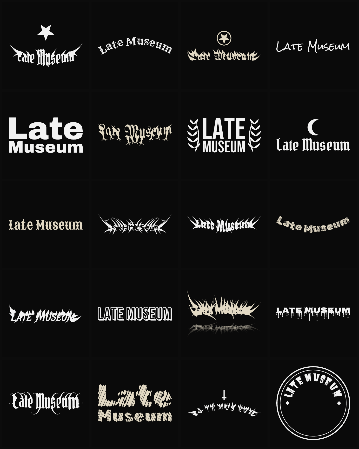 Twenty Late Museum band logo ideas — different faces, treatments and spike settings