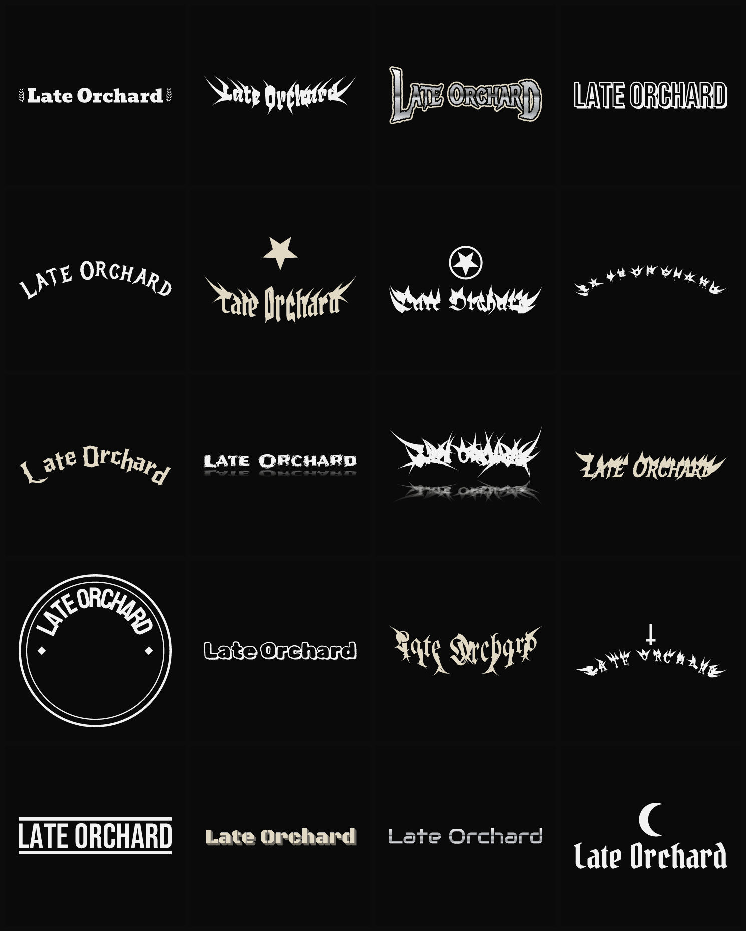 Twenty Late Orchard band logo ideas — different faces, treatments and spike settings