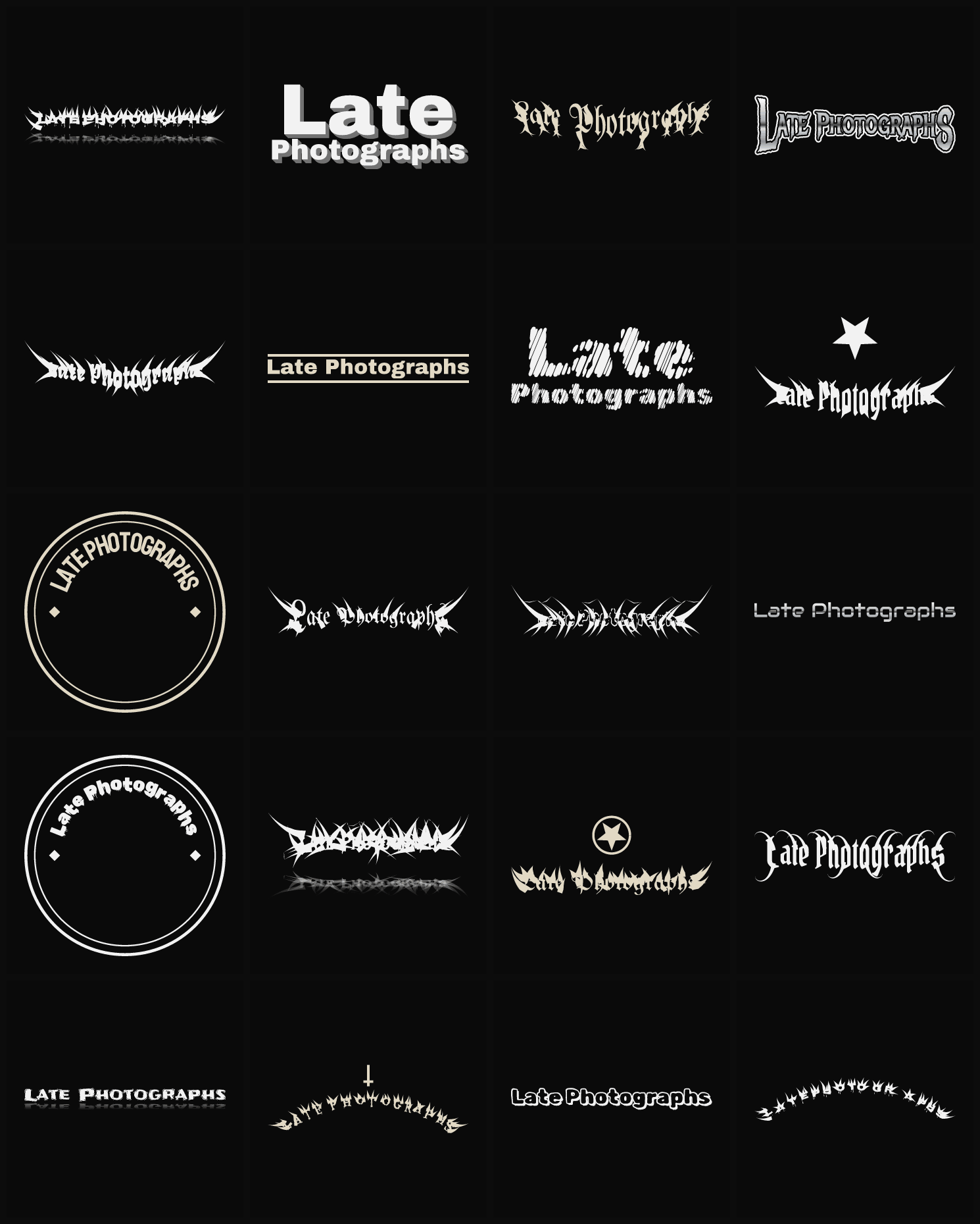 Twenty Late Photographs band logo ideas — different faces, treatments and spike settings