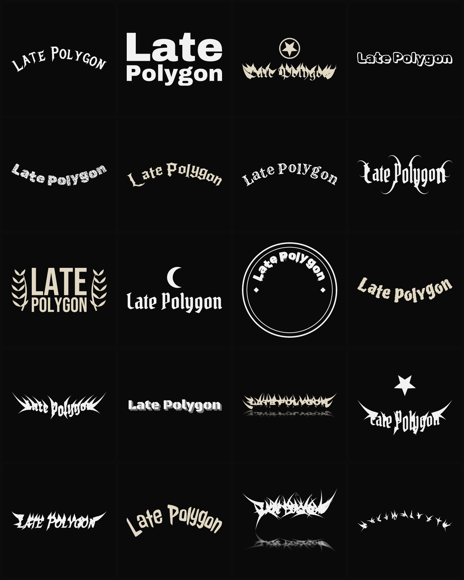Twenty Late Polygon band logo ideas — different faces, treatments and spike settings