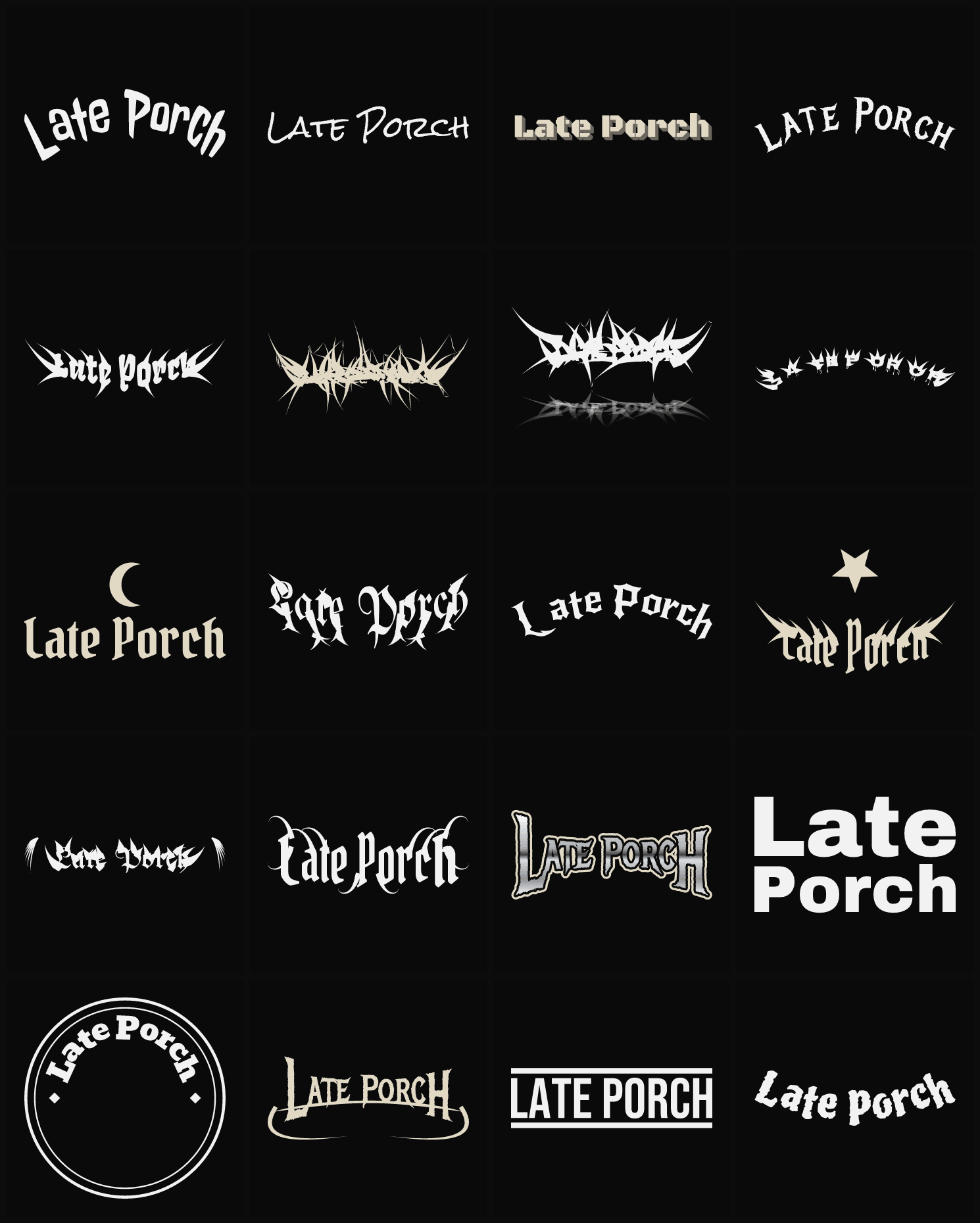 Twenty Late Porch band logo ideas — different faces, treatments and spike settings