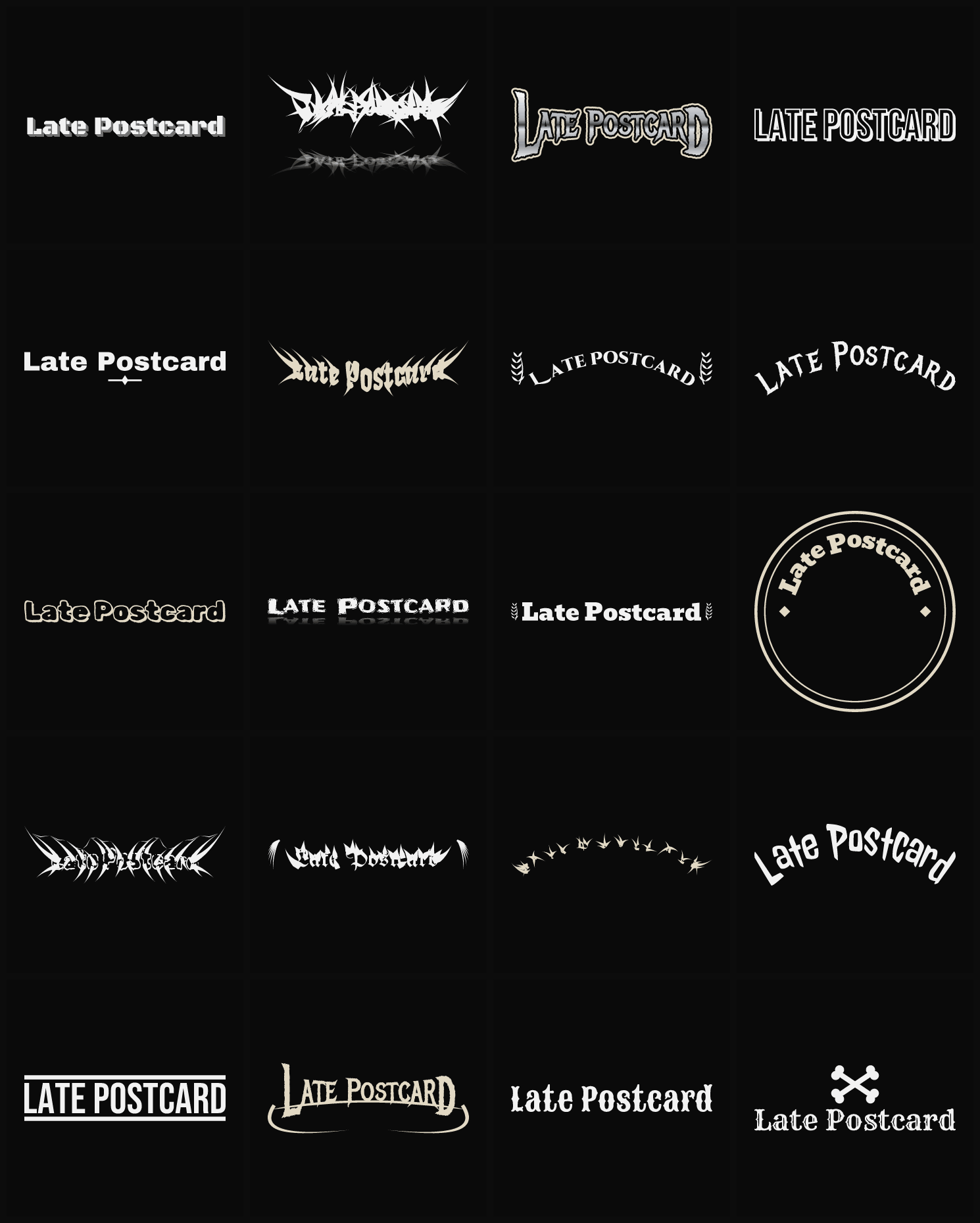 Twenty Late Postcard band logo ideas — different faces, treatments and spike settings