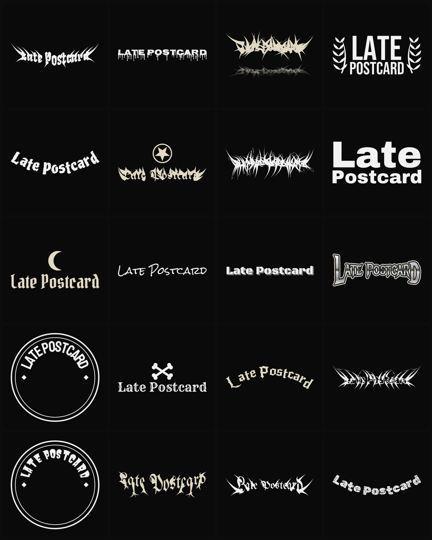 Twenty Late Postcard band logo ideas — different faces, treatments and spike settings