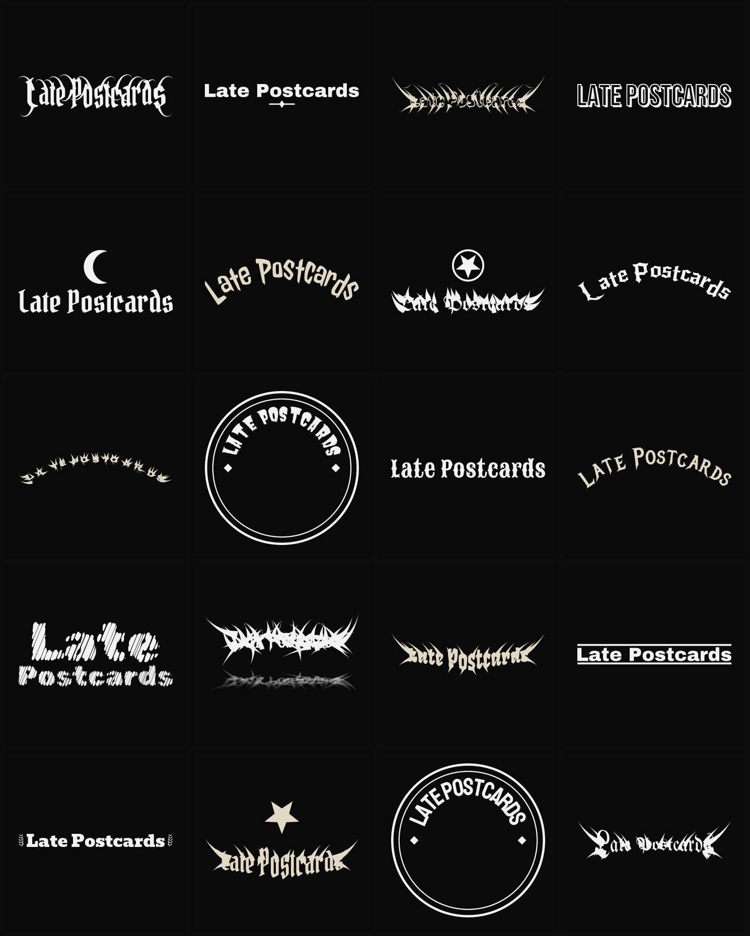 Twenty Late Postcards band logo ideas — different faces, treatments and spike settings