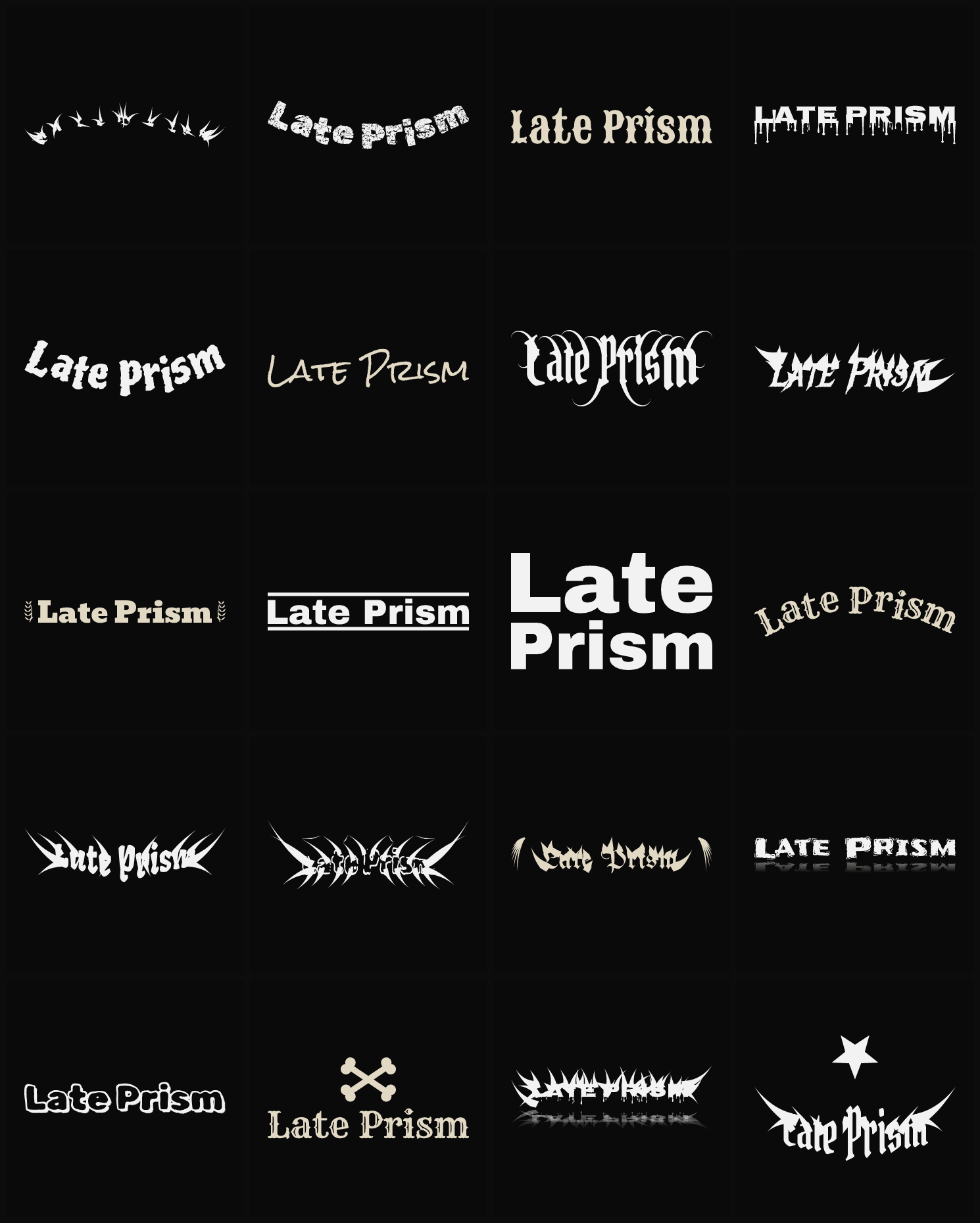 Twenty Late Prism band logo ideas — different faces, treatments and spike settings