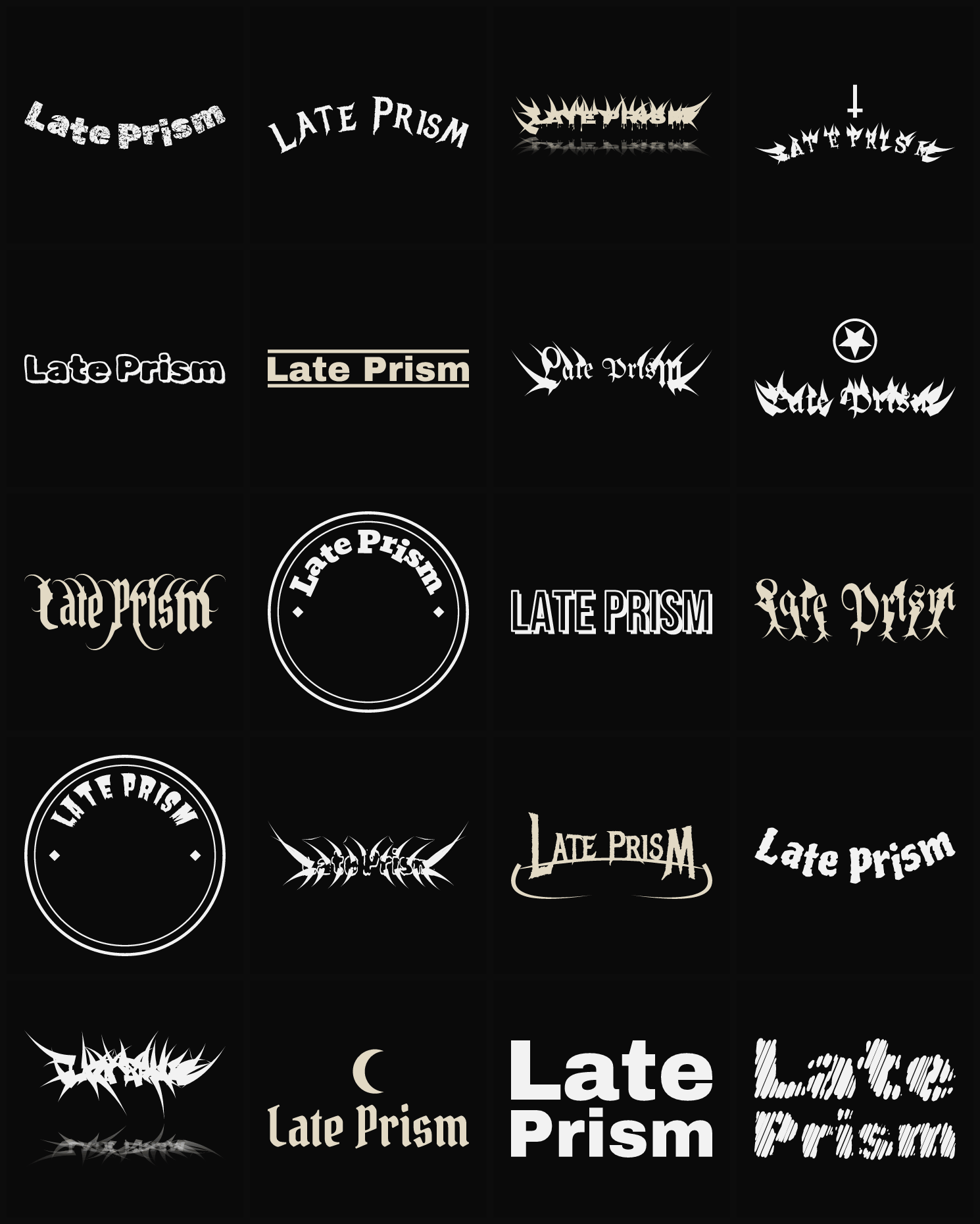 Twenty Late Prism band logo ideas — different faces, treatments and spike settings