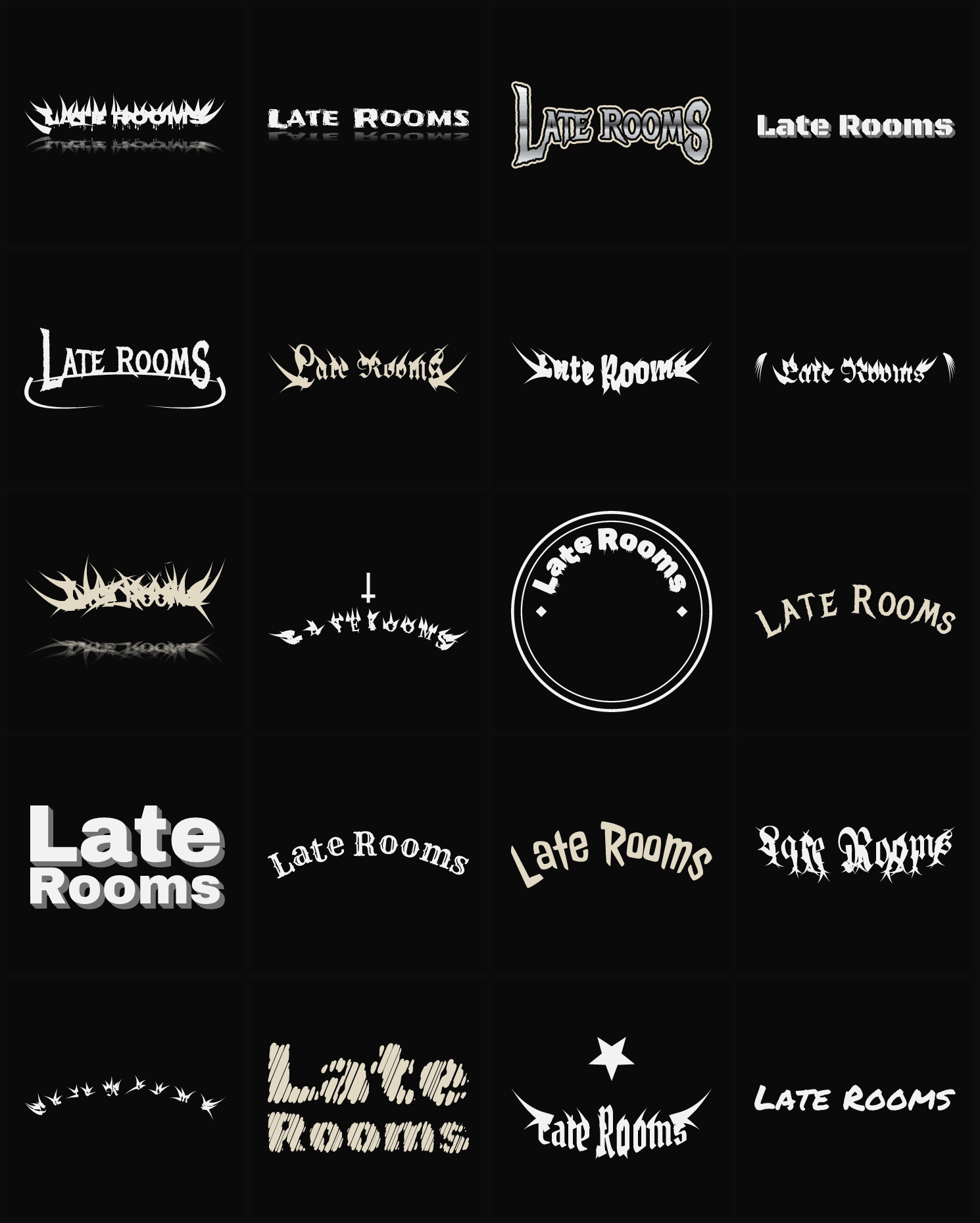 Twenty Late Rooms band logo ideas — different faces, treatments and spike settings