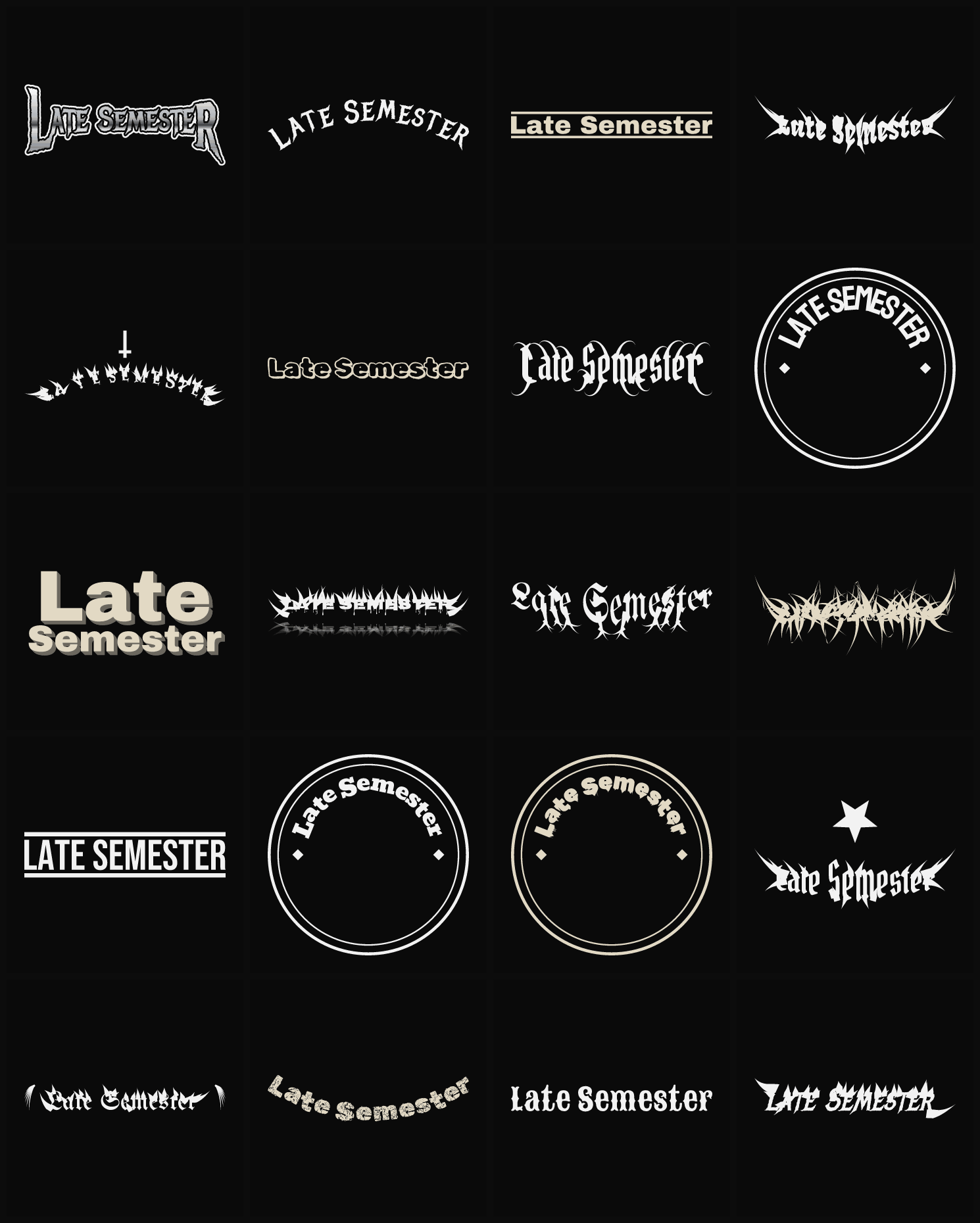 Twenty Late Semester band logo ideas — different faces, treatments and spike settings