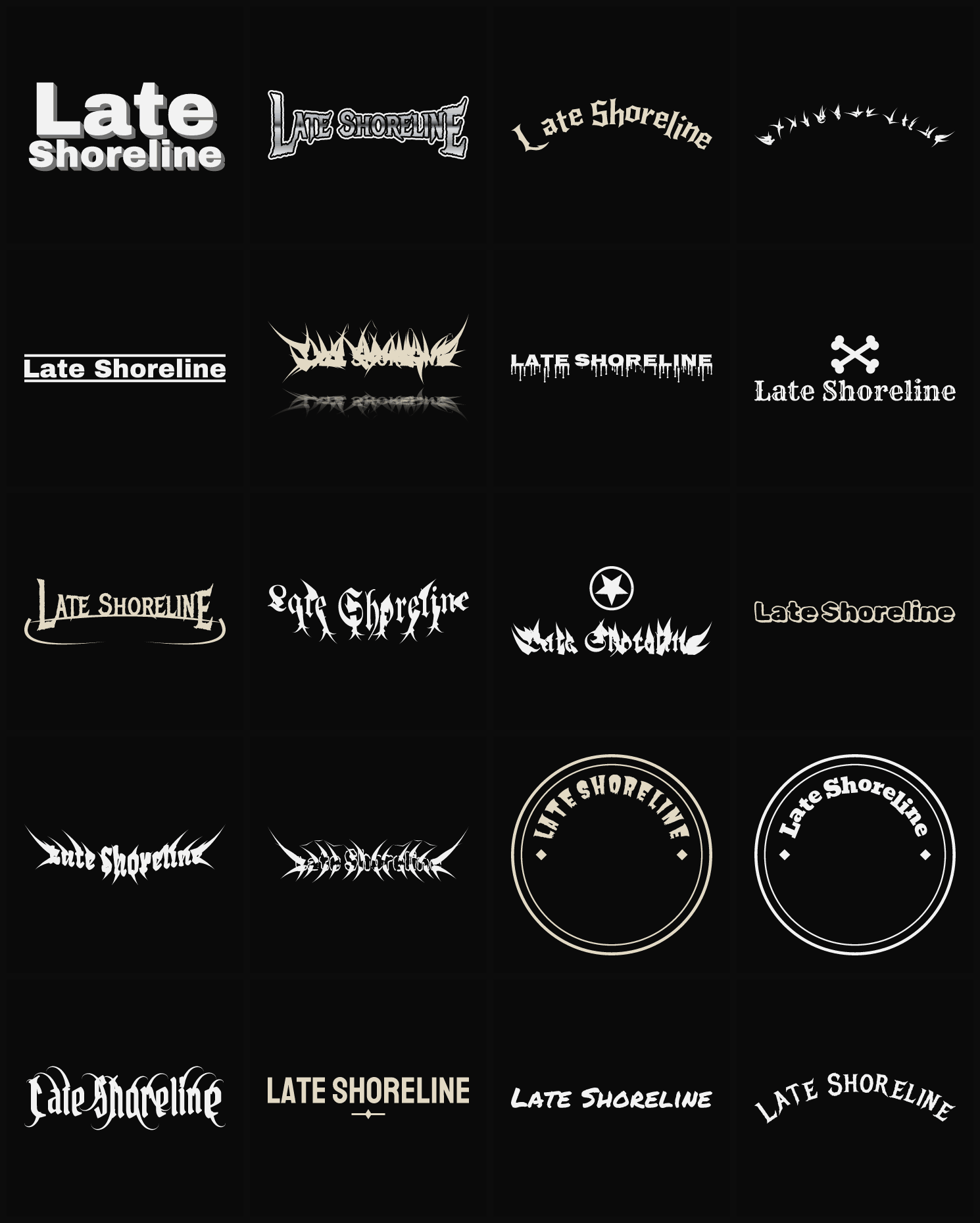 Twenty Late Shoreline band logo ideas — different faces, treatments and spike settings