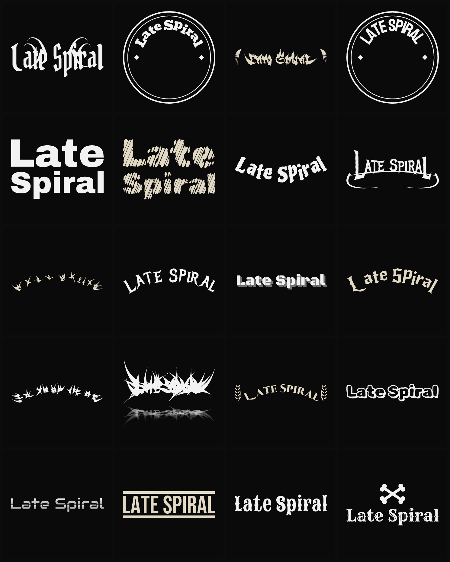 Twenty Late Spiral band logo ideas — different faces, treatments and spike settings
