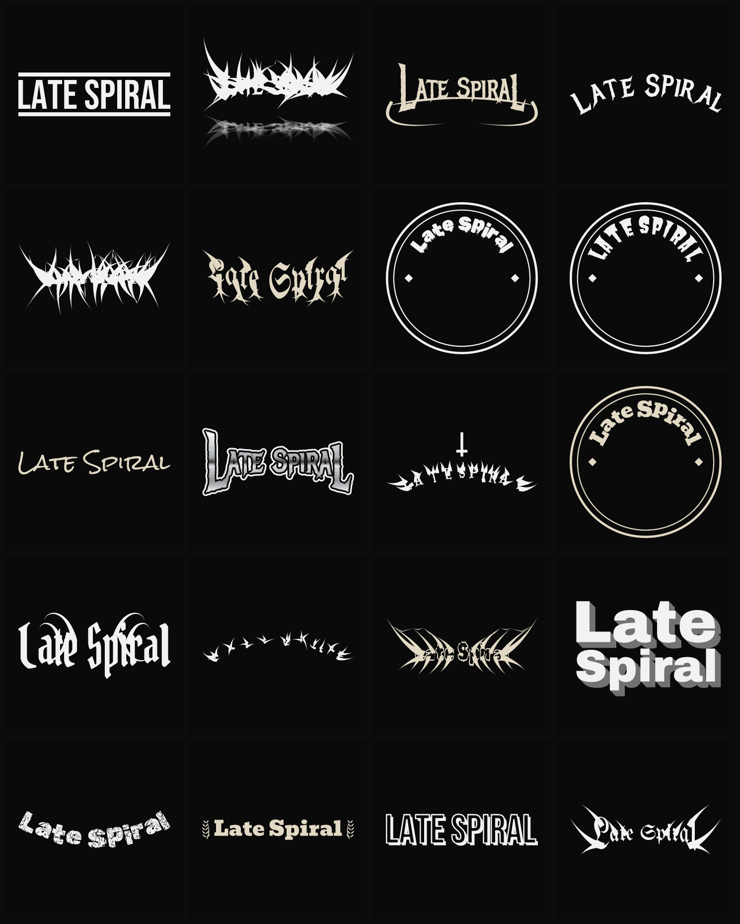 Twenty Late Spiral band logo ideas — different faces, treatments and spike settings