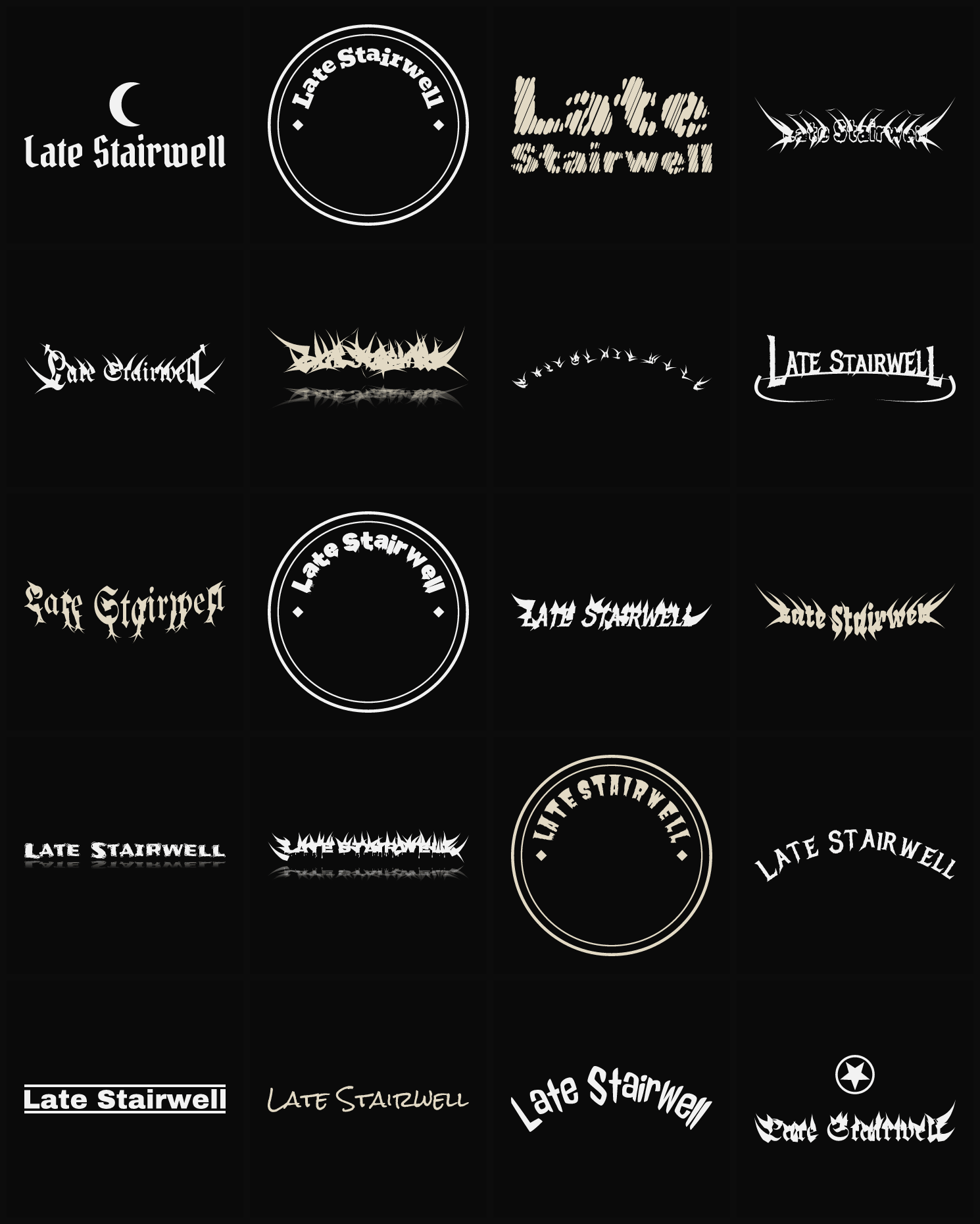 Twenty Late Stairwell band logo ideas — different faces, treatments and spike settings