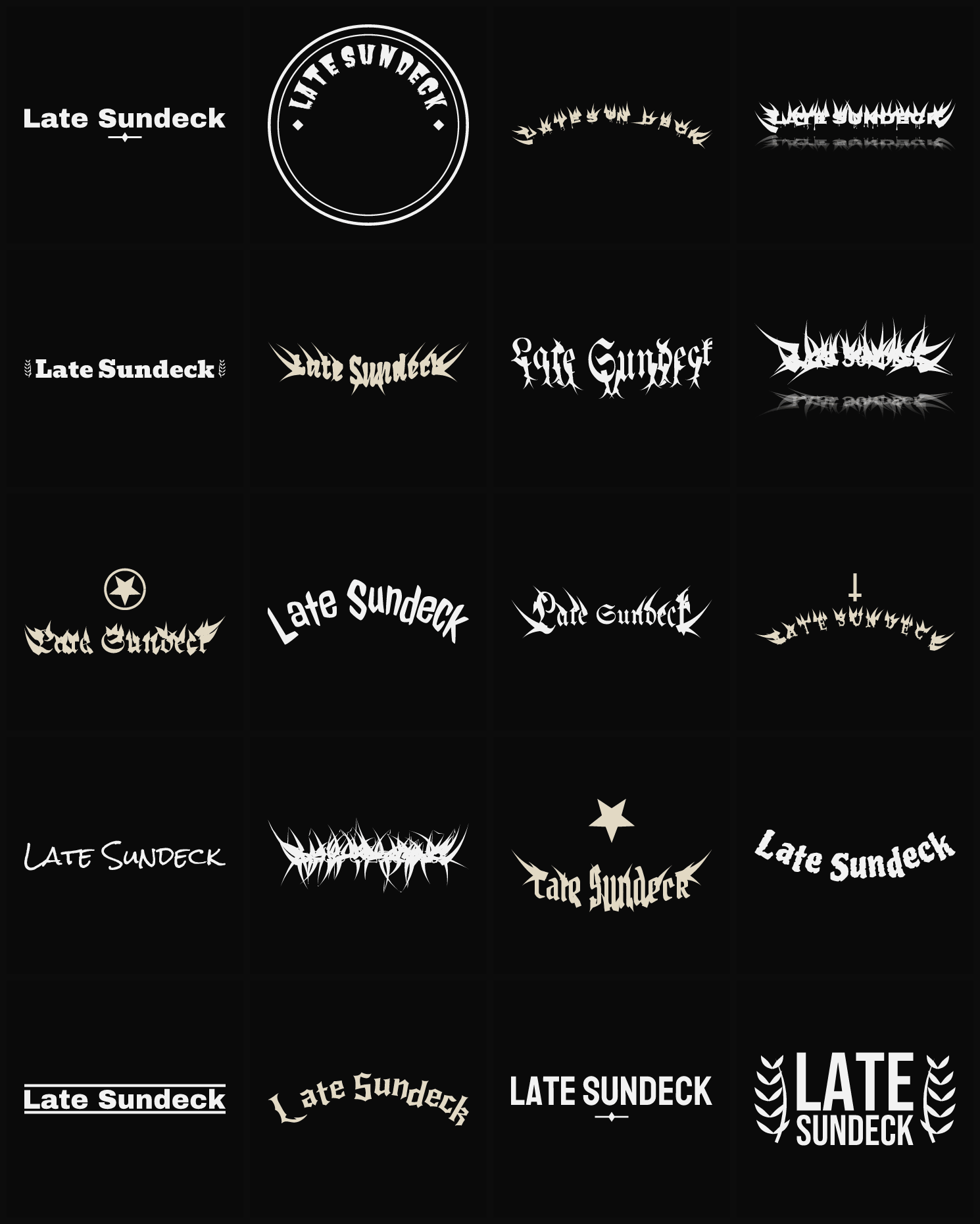 Twenty Late Sundeck band logo ideas — different faces, treatments and spike settings