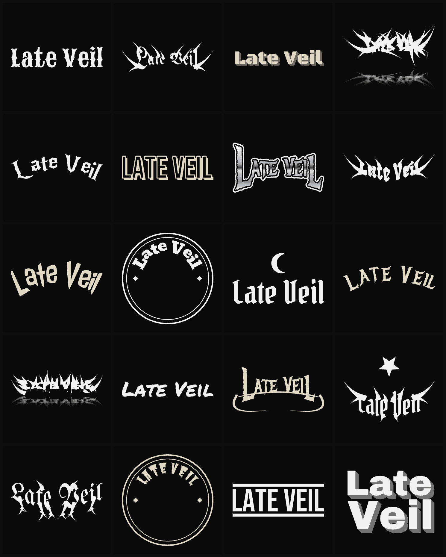 Twenty Late Veil band logo ideas — different faces, treatments and spike settings