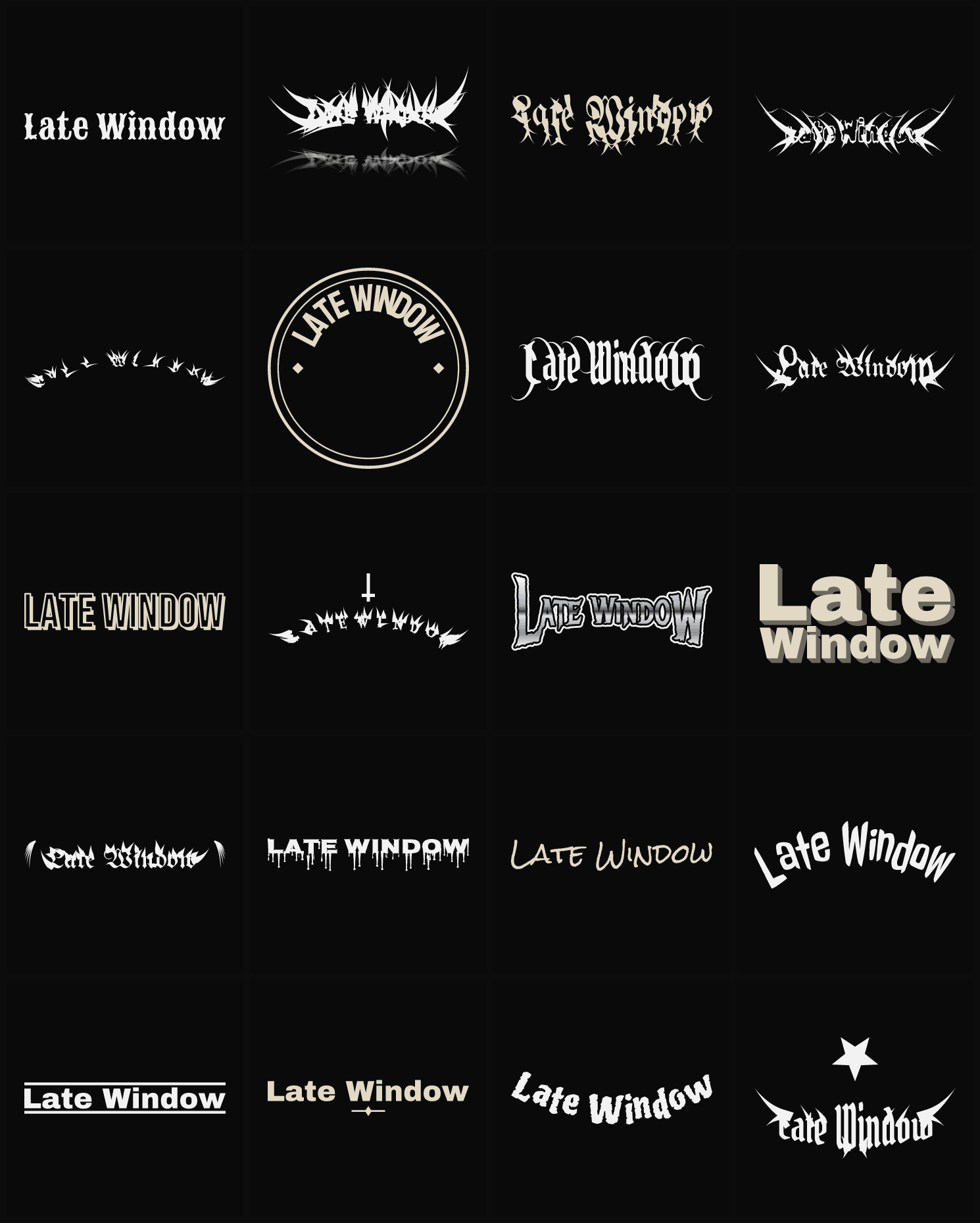 Twenty Late Window band logo ideas — different faces, treatments and spike settings