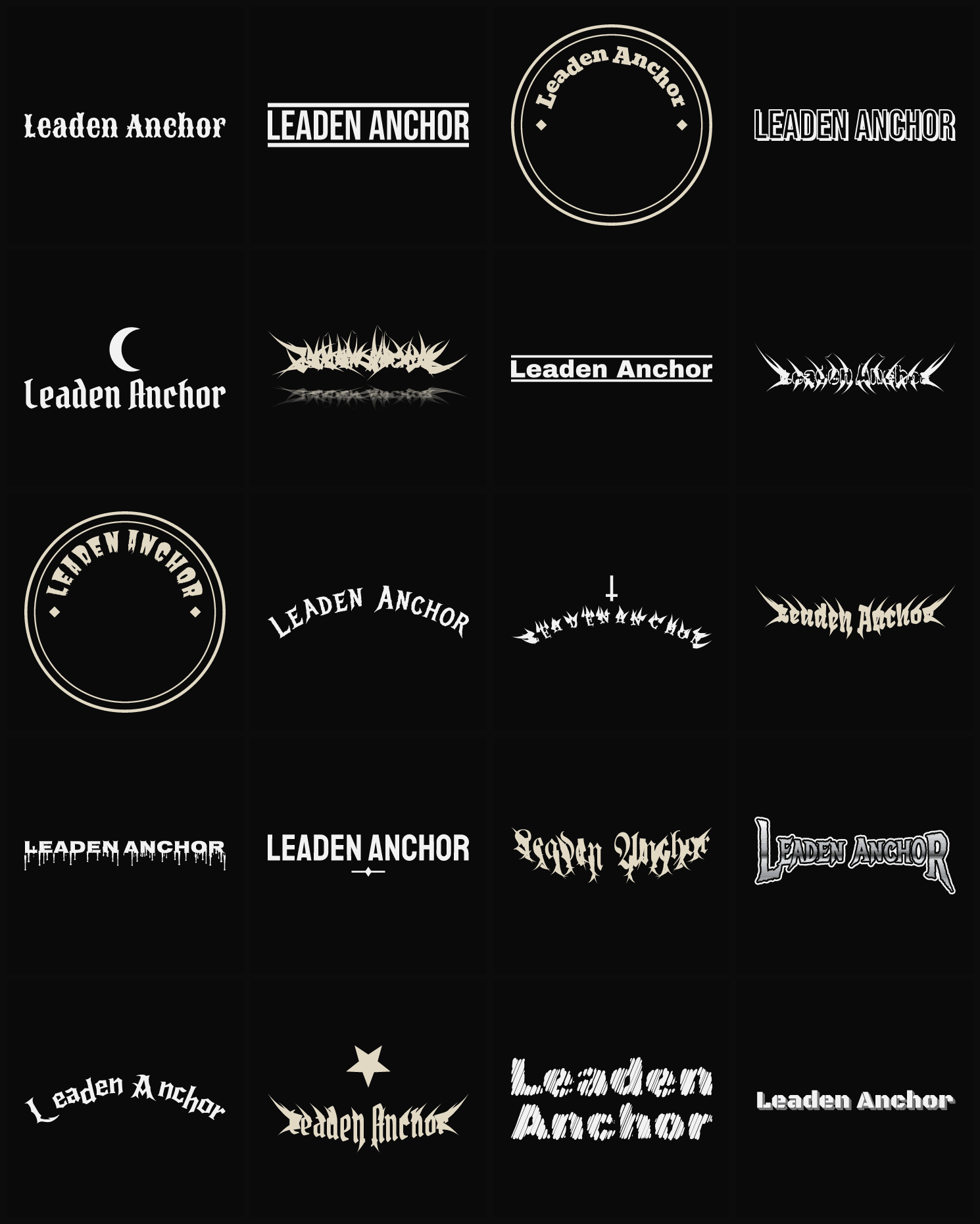 Twenty Leaden Anchor band logo ideas — different faces, treatments and spike settings