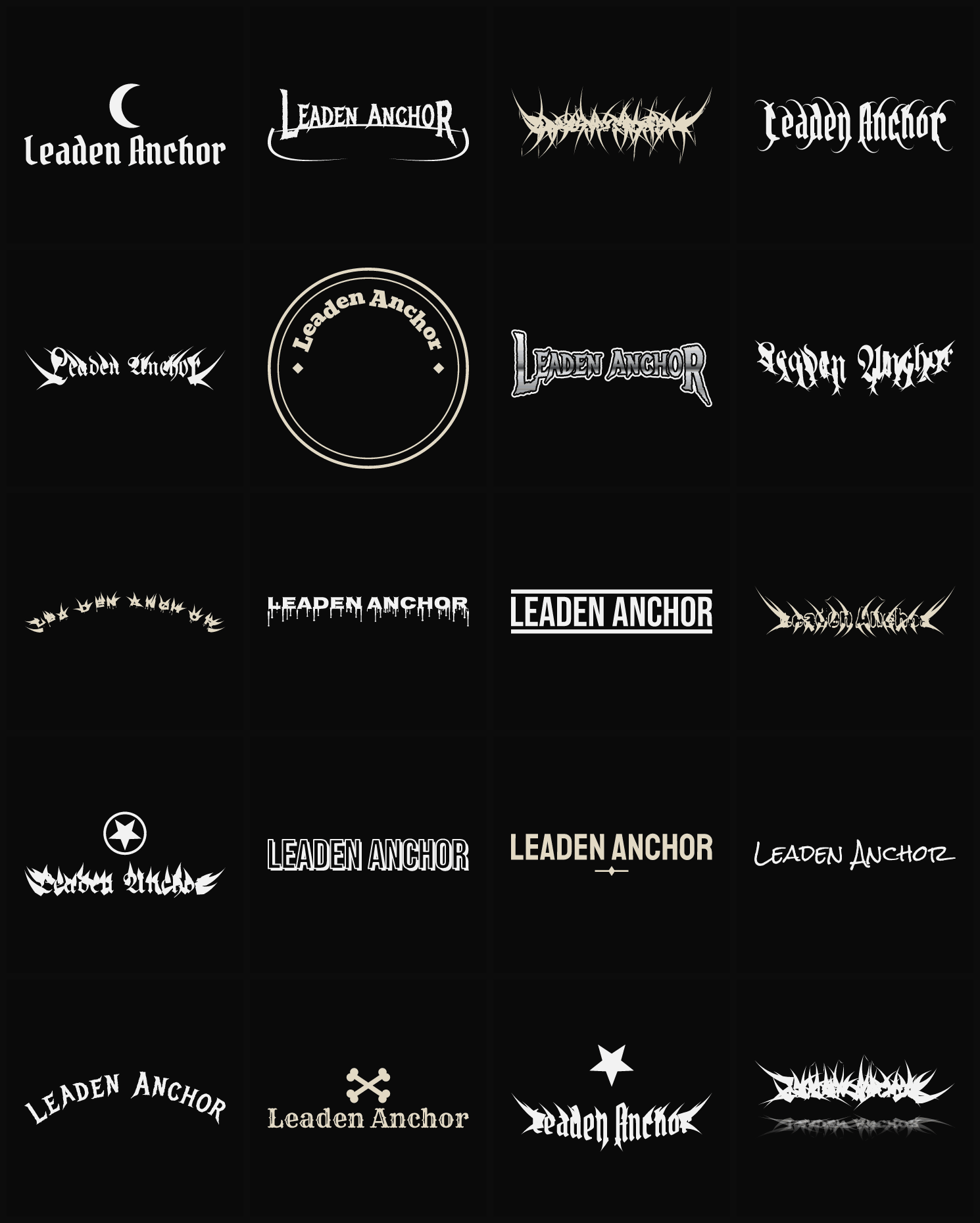 Twenty Leaden Anchor band logo ideas — different faces, treatments and spike settings