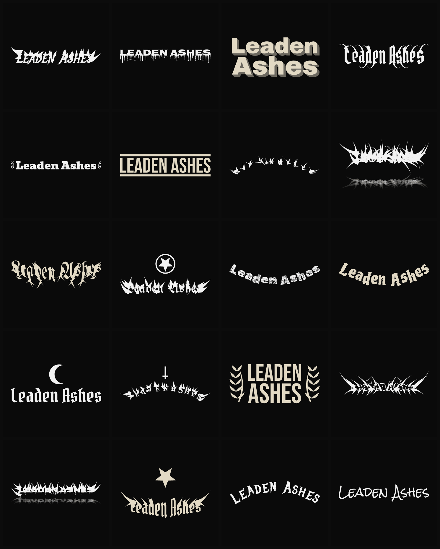 Twenty Leaden Ashes band logo ideas — different faces, treatments and spike settings