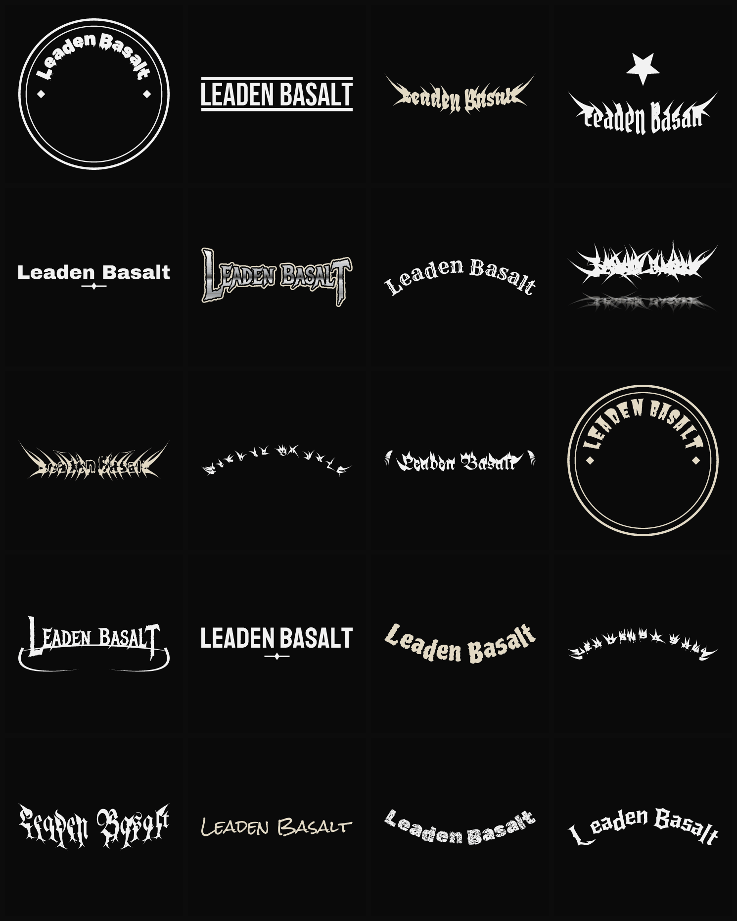 Twenty Leaden Basalt band logo ideas — different faces, treatments and spike settings