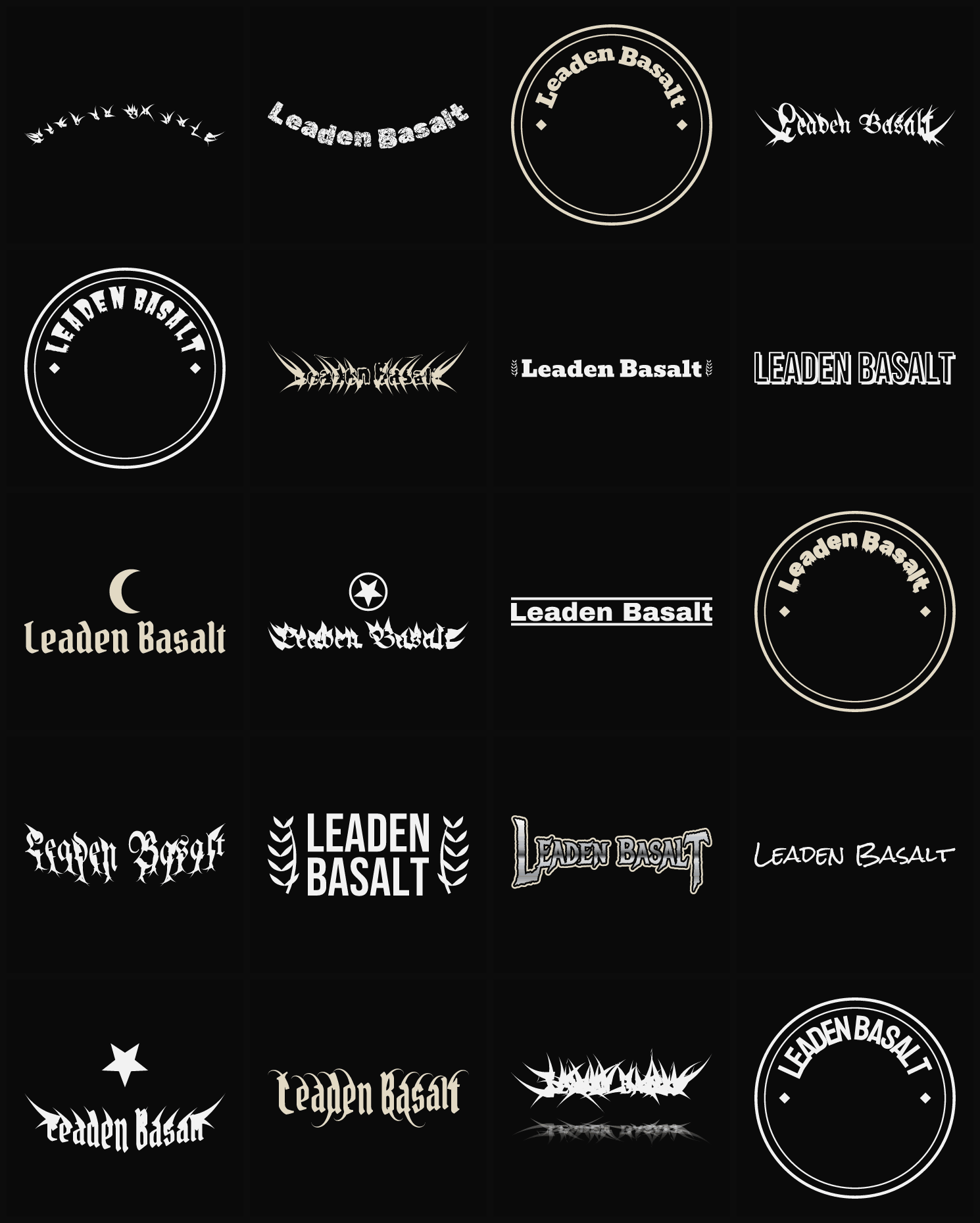 Twenty Leaden Basalt band logo ideas — different faces, treatments and spike settings