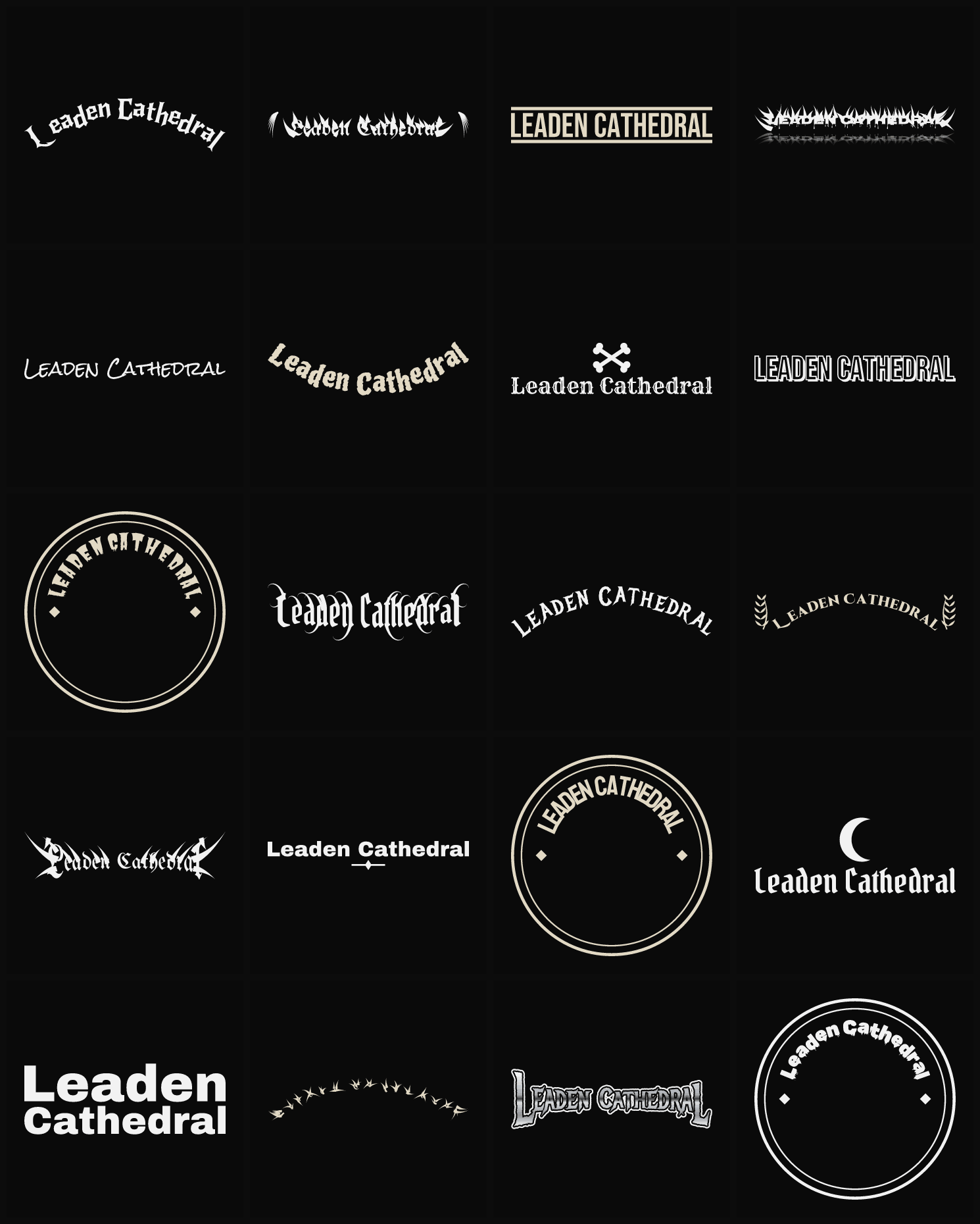 Twenty Leaden Cathedral band logo ideas — different faces, treatments and spike settings